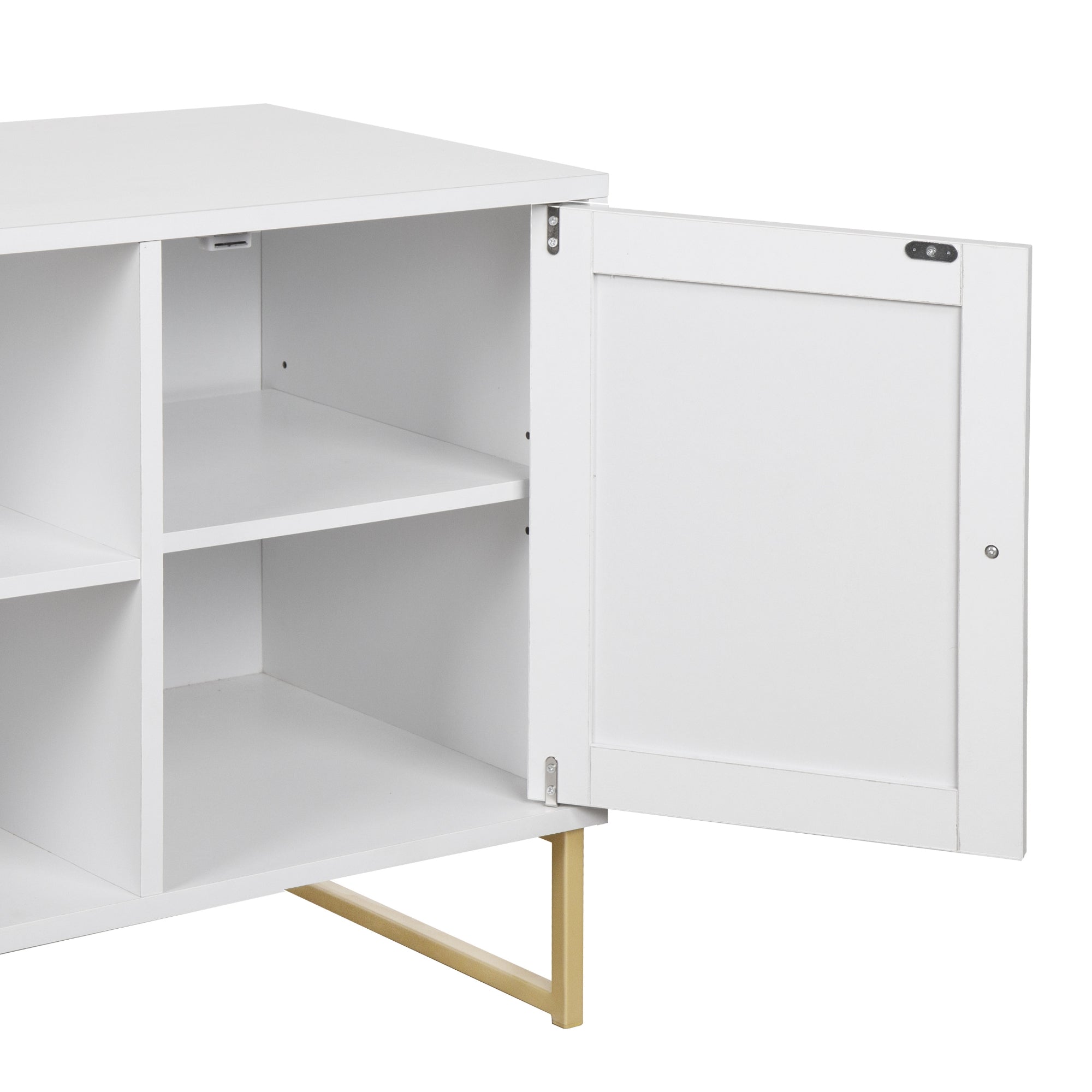 A white storage cabinet with an open door, revealing two shelves inside four cubby spaces. The cabinet stands on gold metal legs.