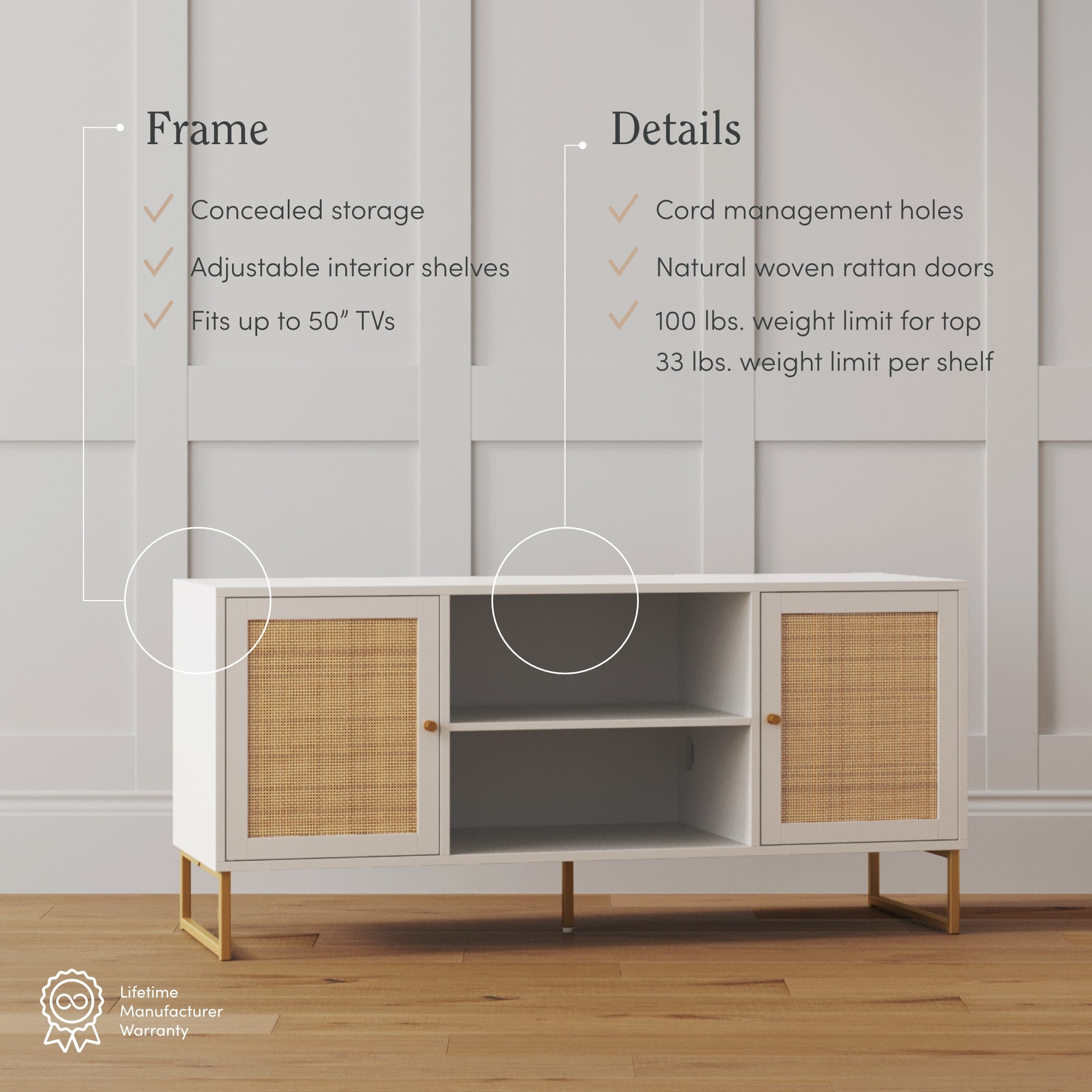 A modern TV stand with white frame, gold legs, and natural woven rattan doors. Text highlights features: concealed storage, adjustable shelves, fits up to 50 TVs, cord management holes, and weight limits.