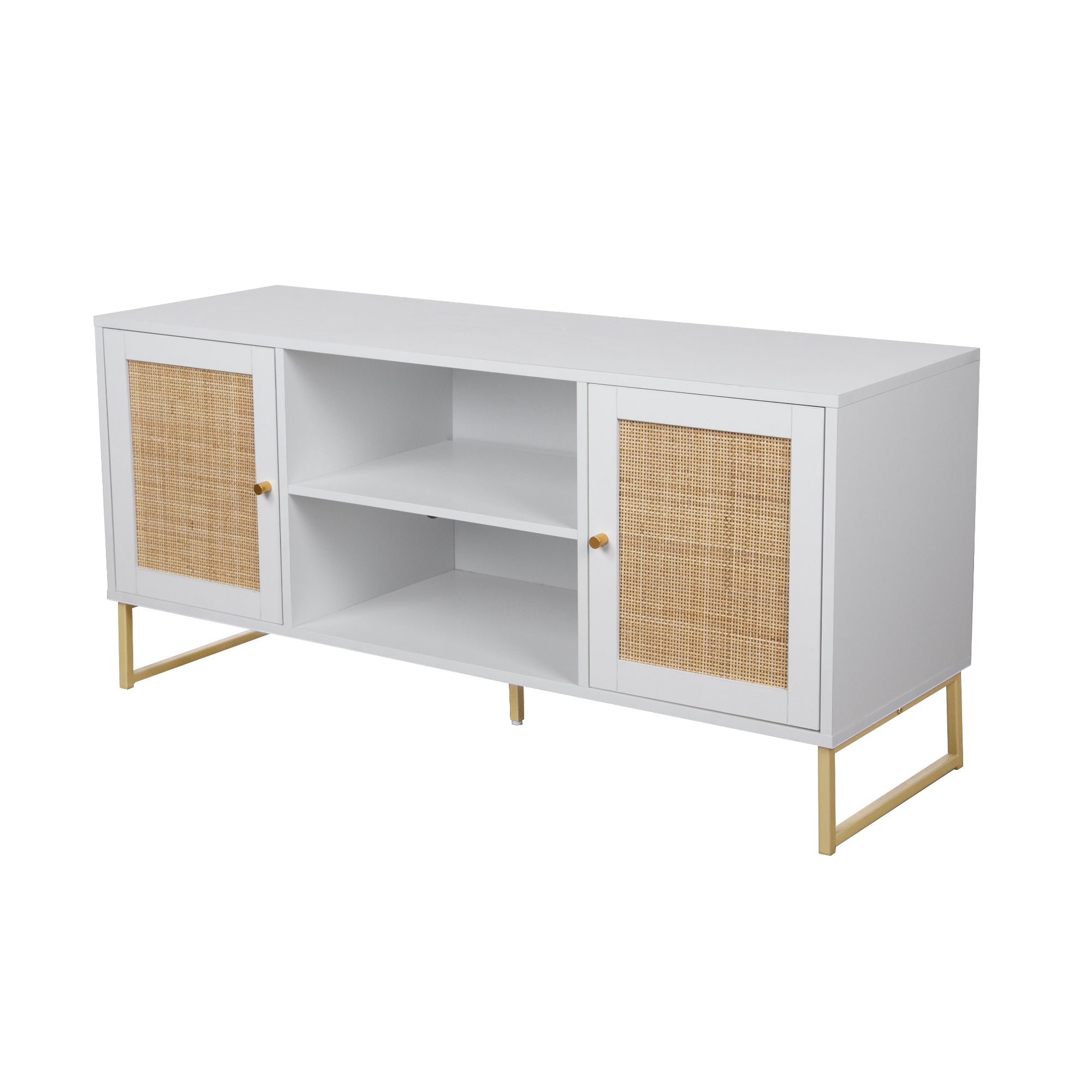 A modern white sideboard with two open central shelves and two doors with woven rattan panels; it stands on gold metal legs and has gold door handles.