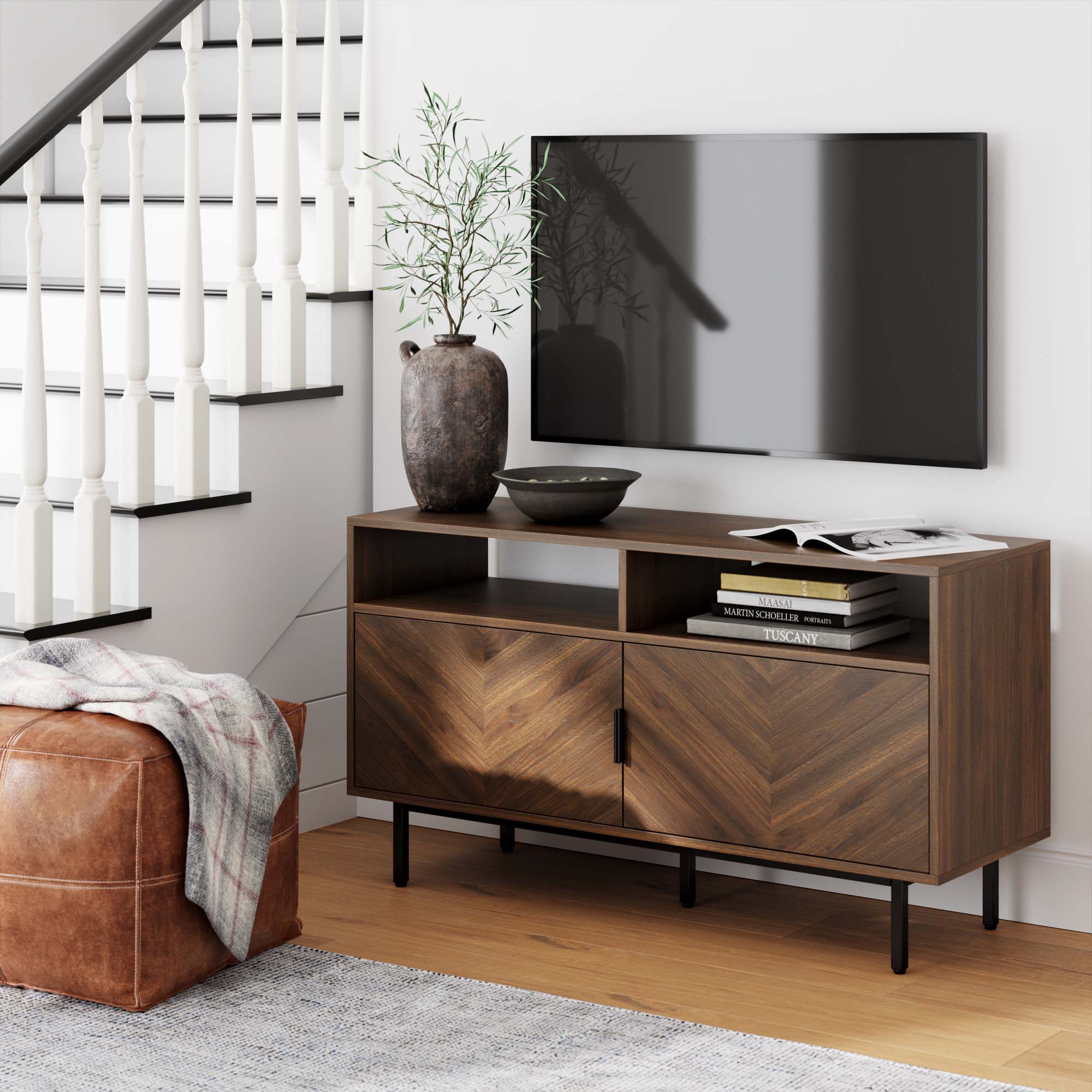 Wood Herringbone TV Cabinet Walnut - Nathan James