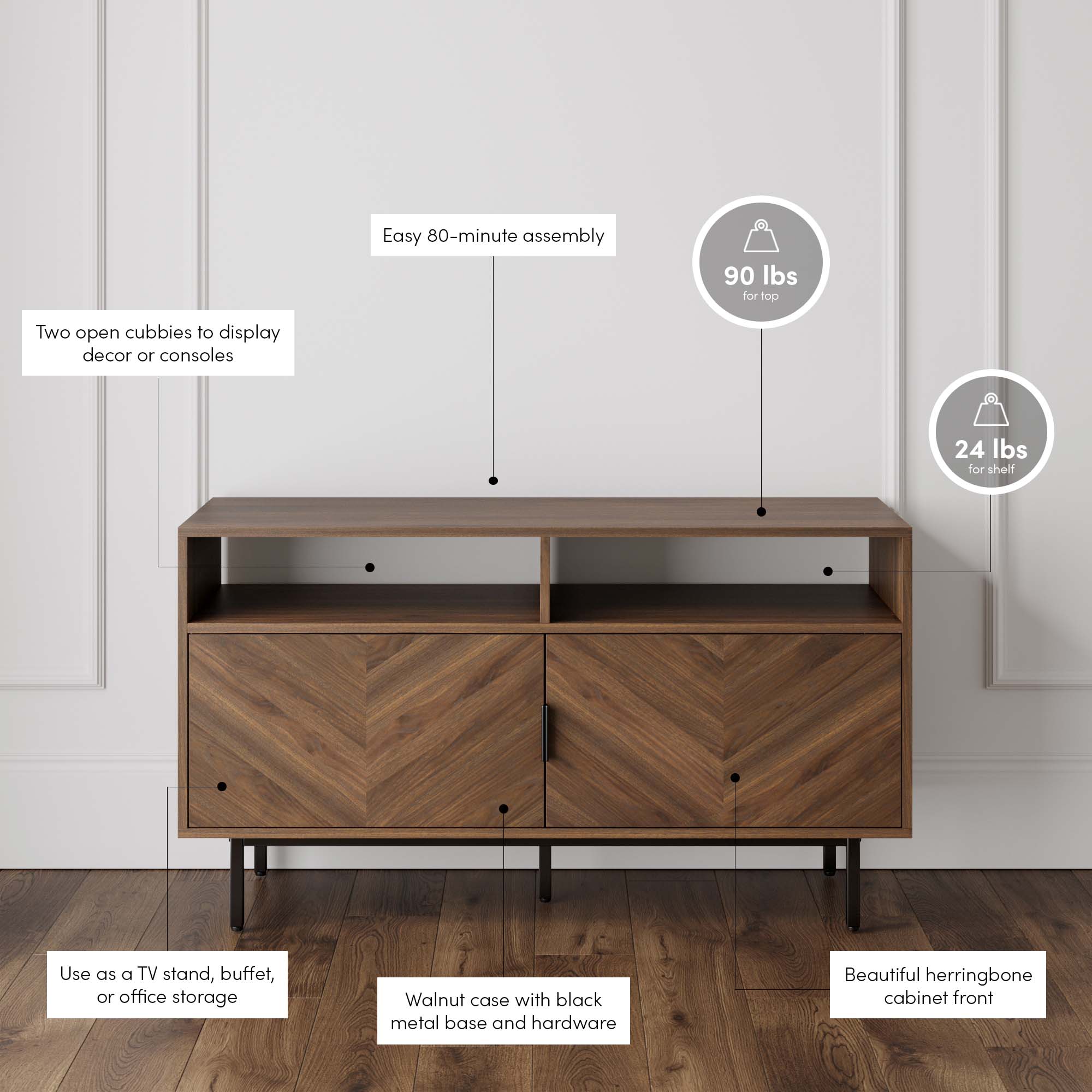 A modern walnut TV stand with two open cubbies and two cabinet doors featuring a herringbone pattern, supported by black metal legs. Text highlights assembly time, weight limits, storage options, and design details.