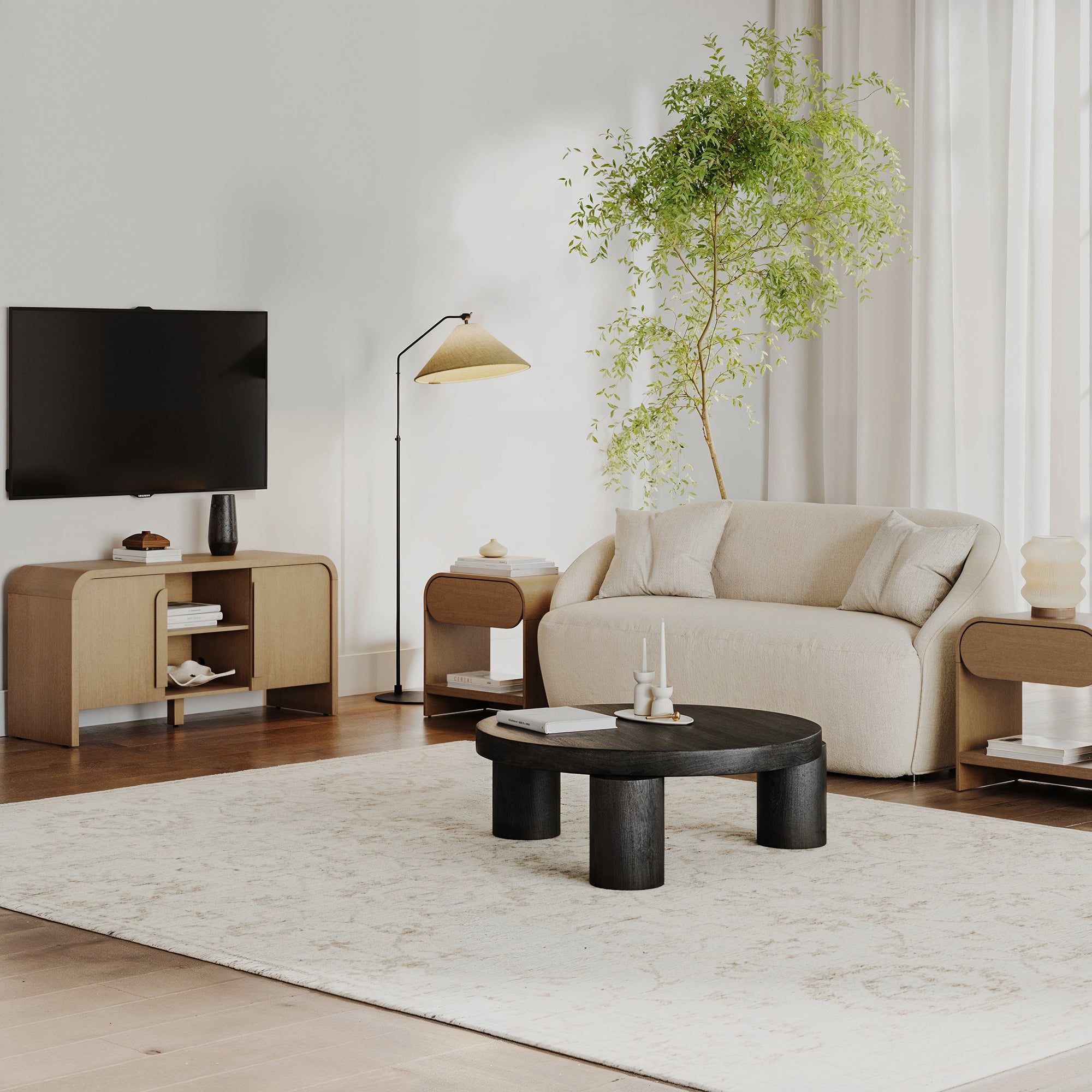 Arched TV Stand and 2 End Tables Living Room Set Light Brown - Nathan James