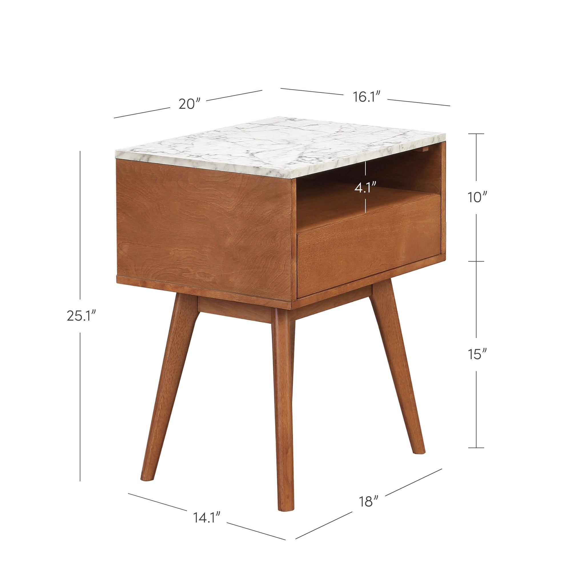 A wooden mid-century modern nightstand with a white marble top, open shelf, and angled legs. Dimensions are labeled: 25.1 tall, 20 wide, 16.1 deep, with a 4.1 high shelf and 15 from floor to shelf.