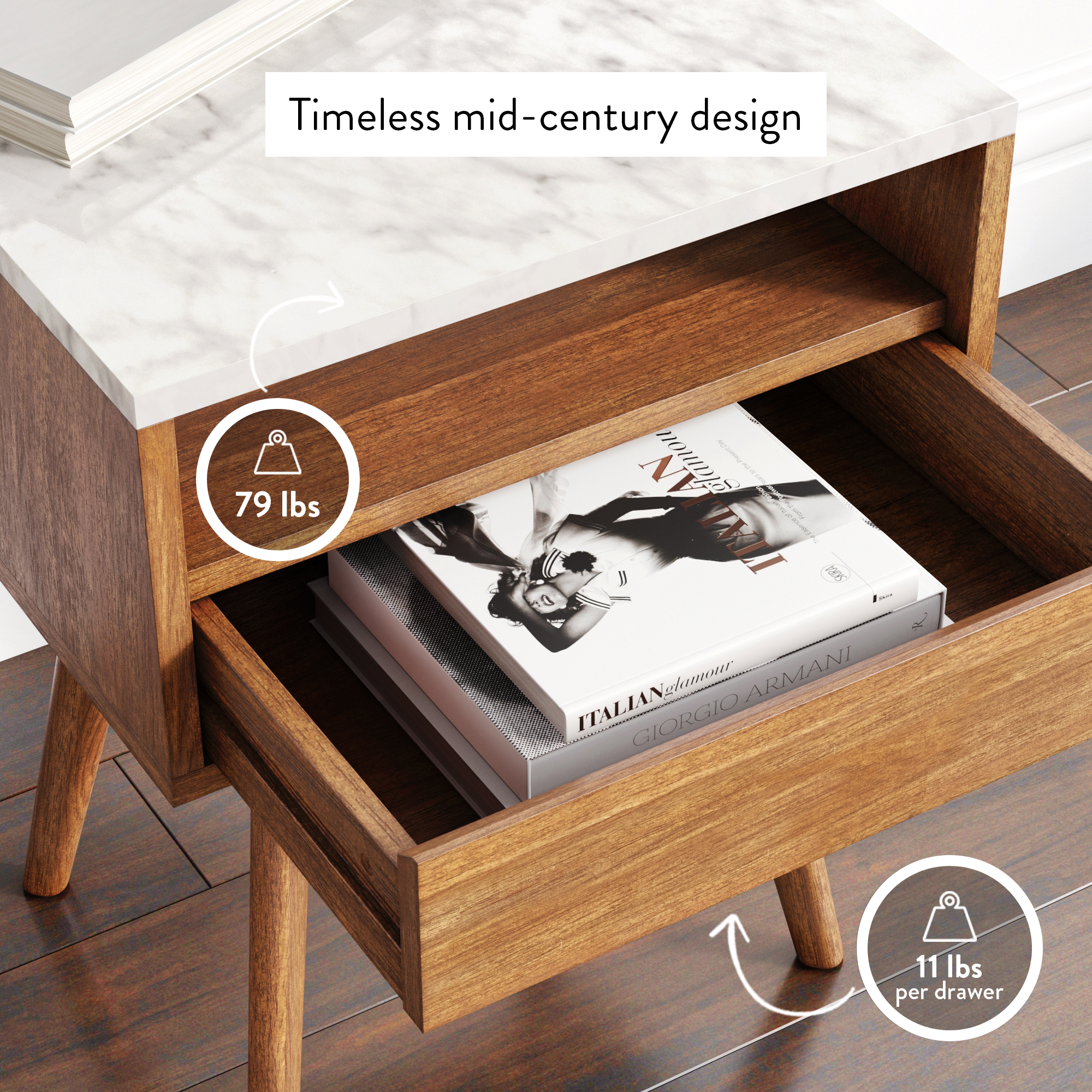 A mid-century modern wood nightstand with a white marble top is shown. An open drawer holds fashion books. Text highlights weight limits: 79 lbs on top, 11 lbs per drawer. A caption reads, “Timeless mid-century design.”.