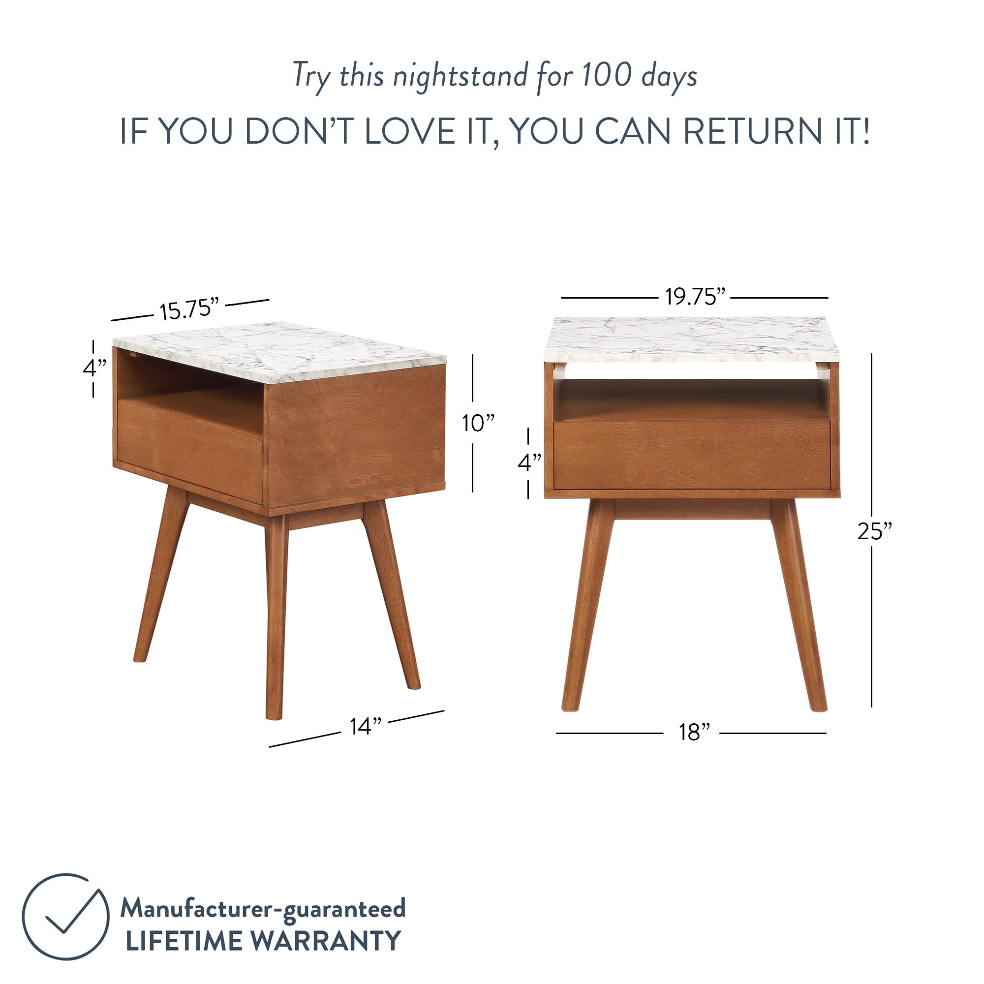 Two views of a mid-century modern nightstand with a marble top and wooden legs. Dimensions are labeled, and text offers a 100-day trial and a lifetime warranty.