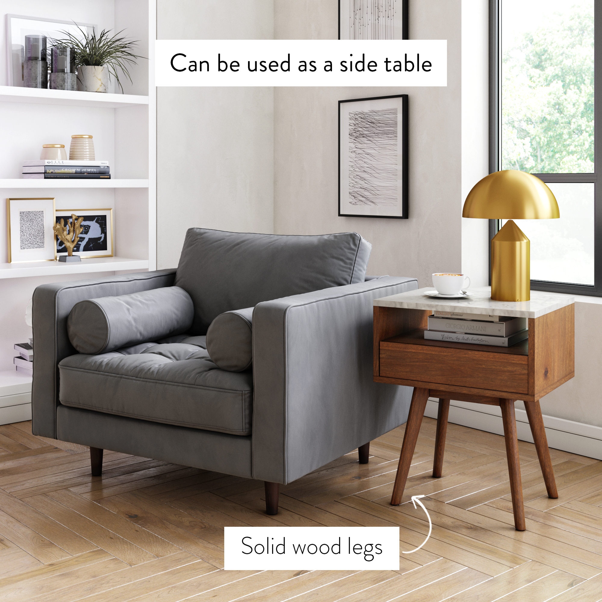 A modern living room with a gray armchair, a wooden side table with solid wood legs, stacked books, a gold lamp, and text labels noting the table’s use as a side table and its solid wood legs.