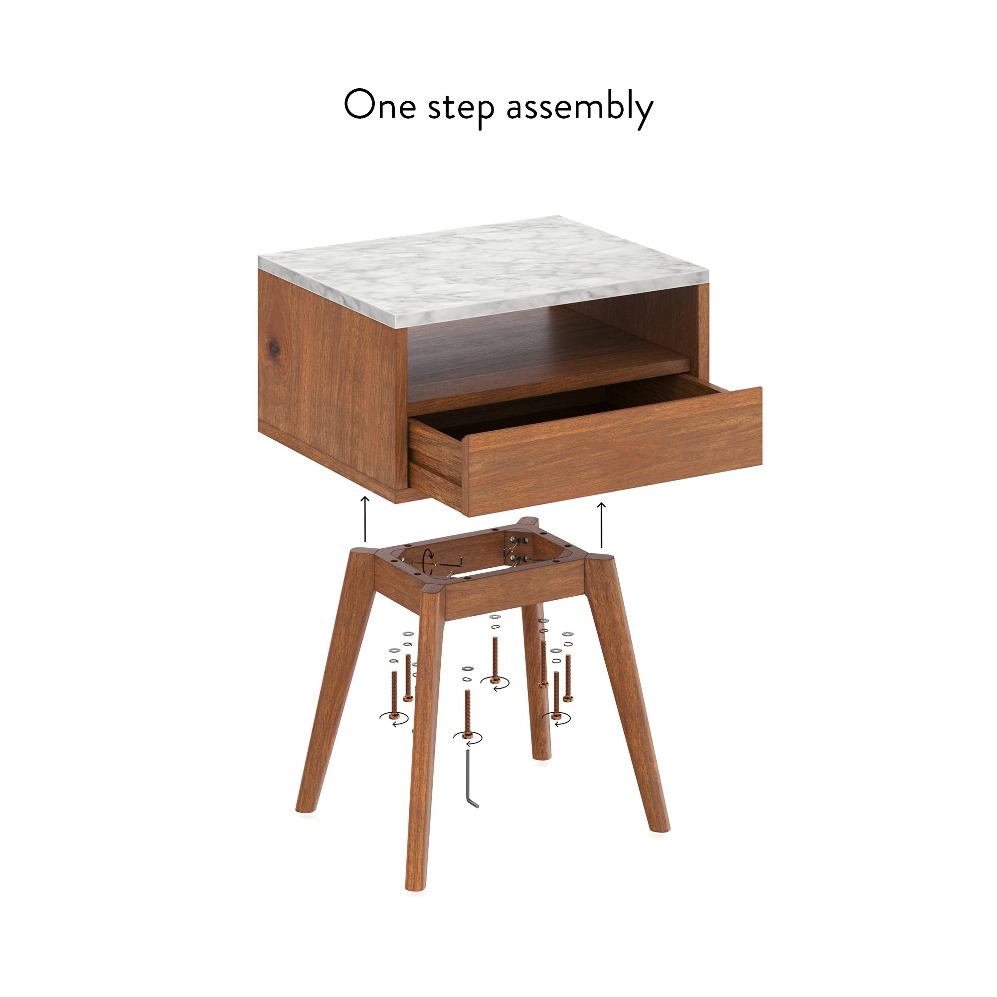 Exploded view of a wooden nightstand with a white top, showing how the top and legs fit together with screws and tools underneath. Text above reads One step assembly.