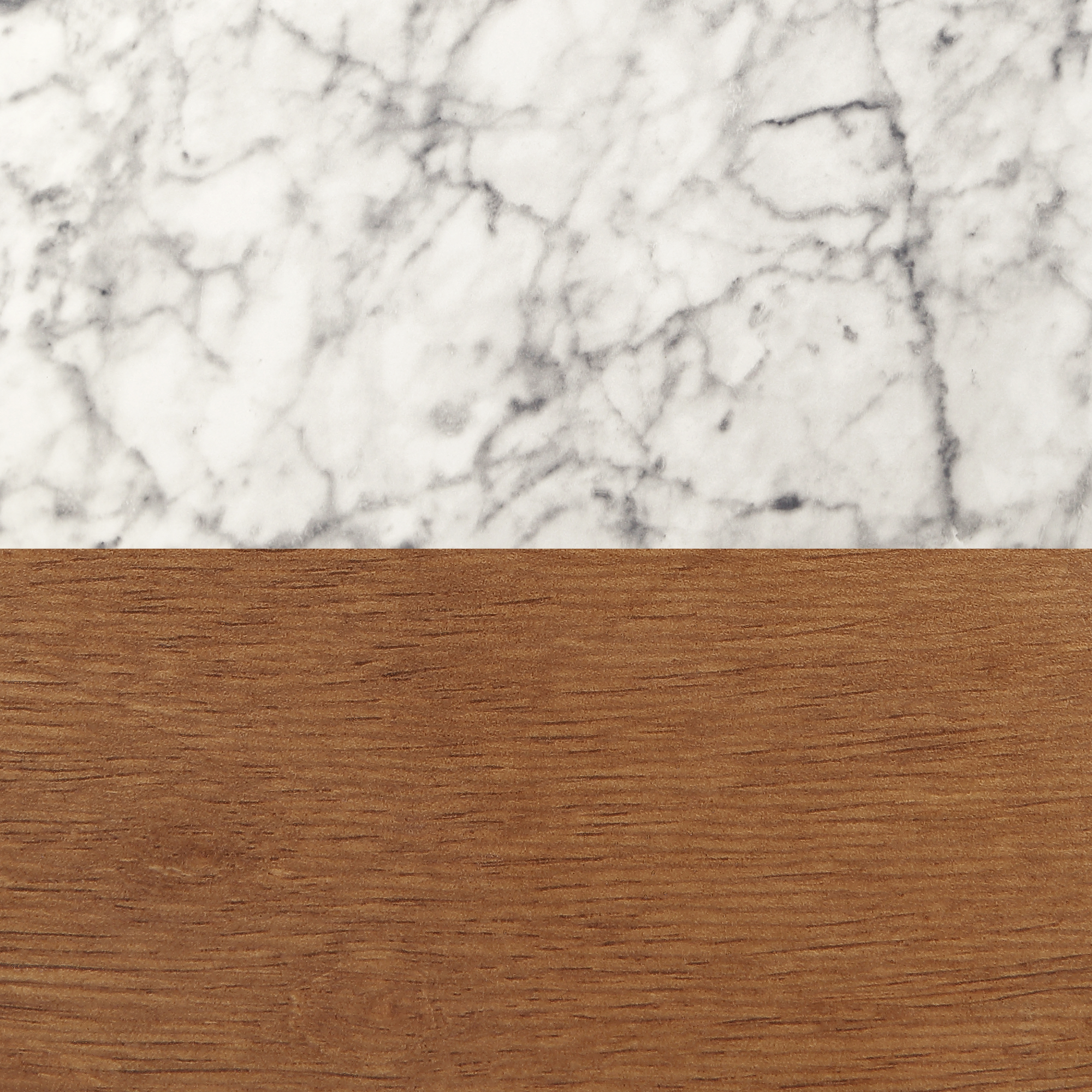 A surface divided horizontally: the top half is white marble with gray veining, and the bottom half is smooth, light brown wood grain.