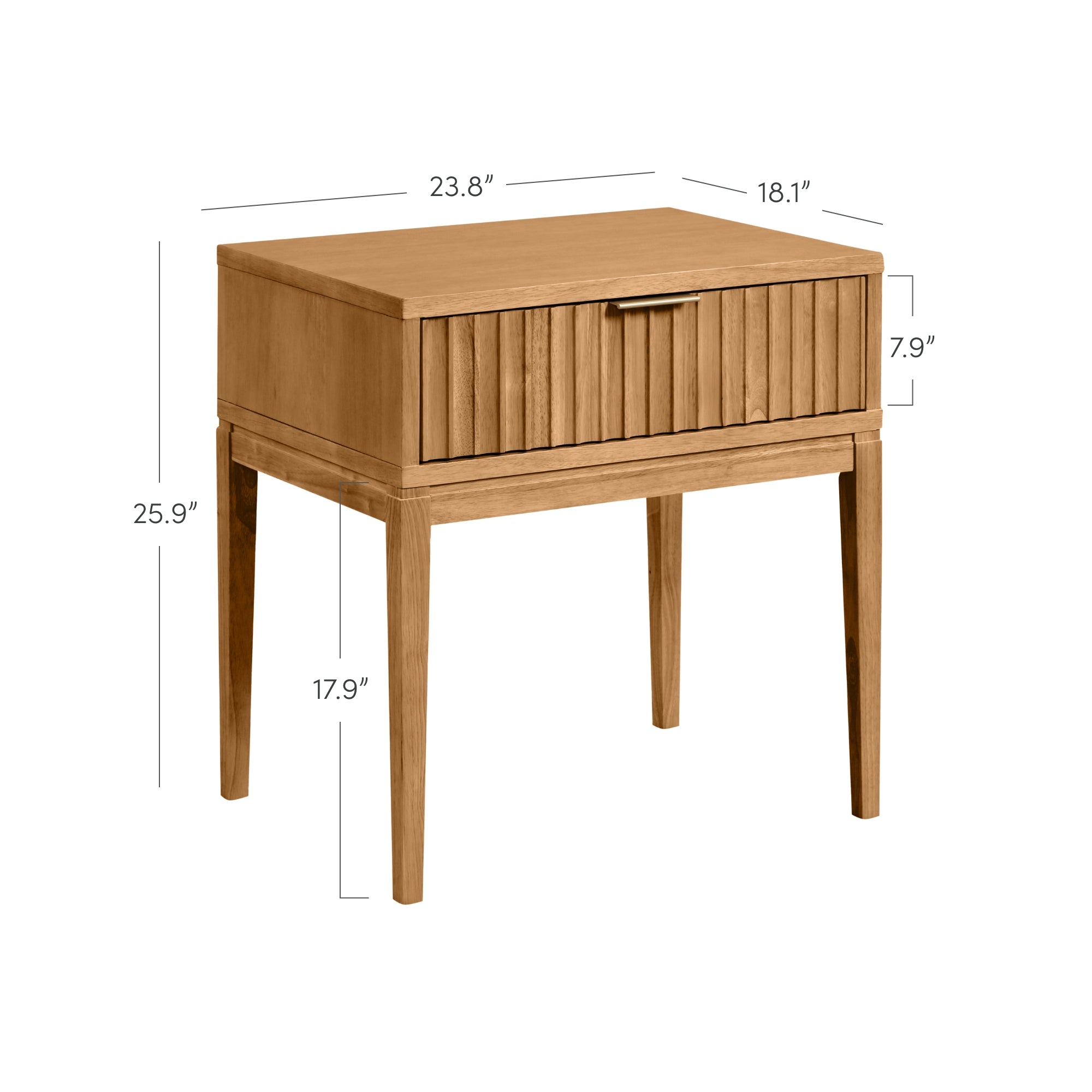 A wooden nightstand with vertical grooved drawer front, four legs, and measurements: 23.8 wide, 18.1 deep, 25.9 tall overall, drawer height 7.9, and clearance under drawer 17.9.
