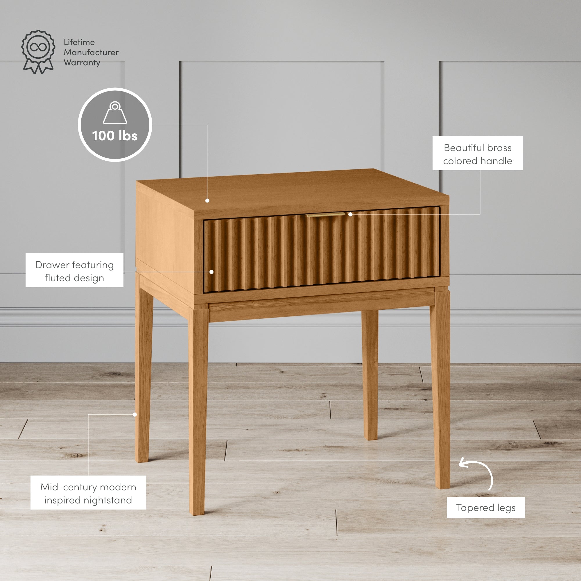 A mid-century modern-inspired wooden nightstand with fluted drawer design, brass-colored handle, and tapered legs. Text highlights a 100 lbs weight limit and a lifetime manufacturer warranty.