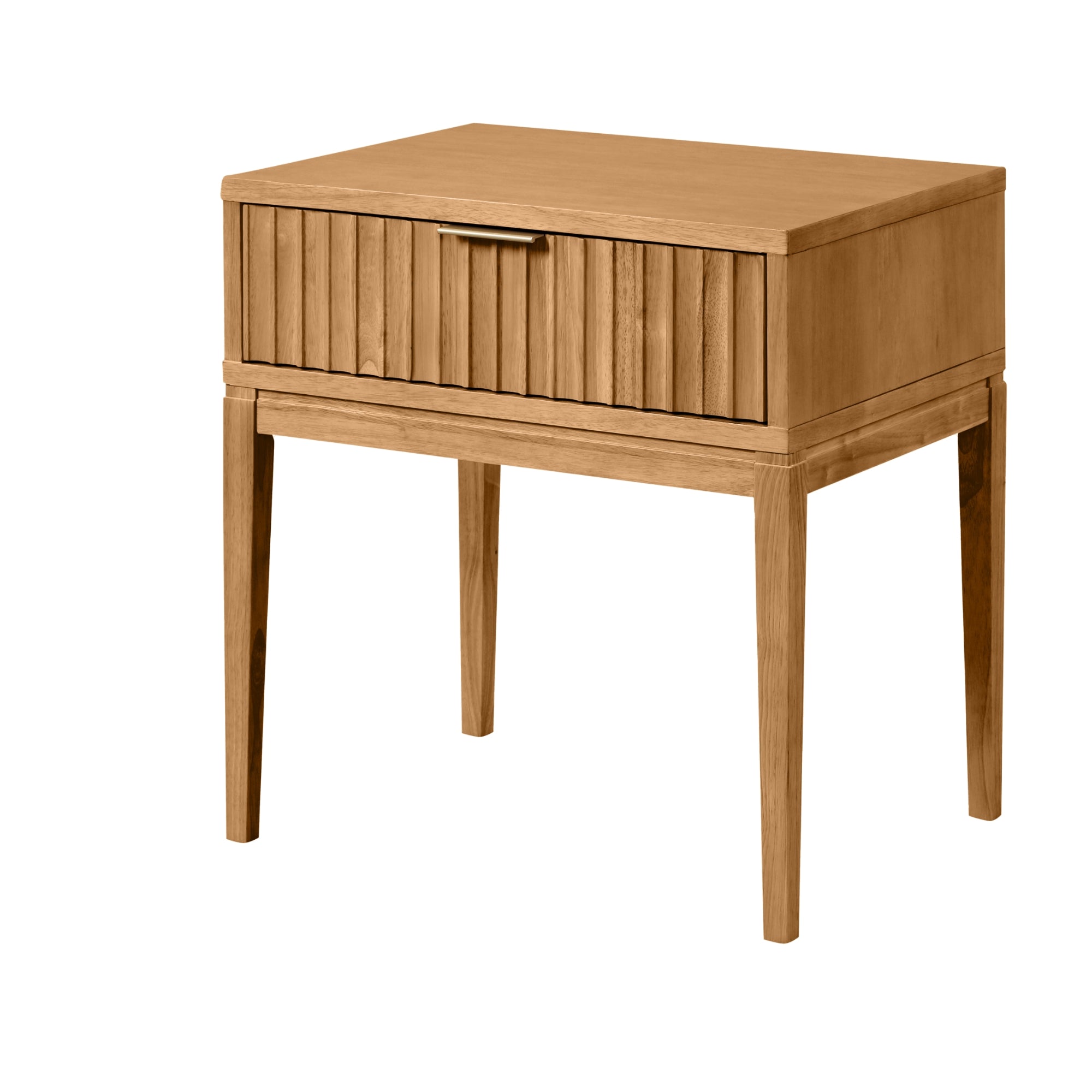 A wooden side table with four legs and a single front drawer featuring vertical grooves and a small handle, shown on a white background.