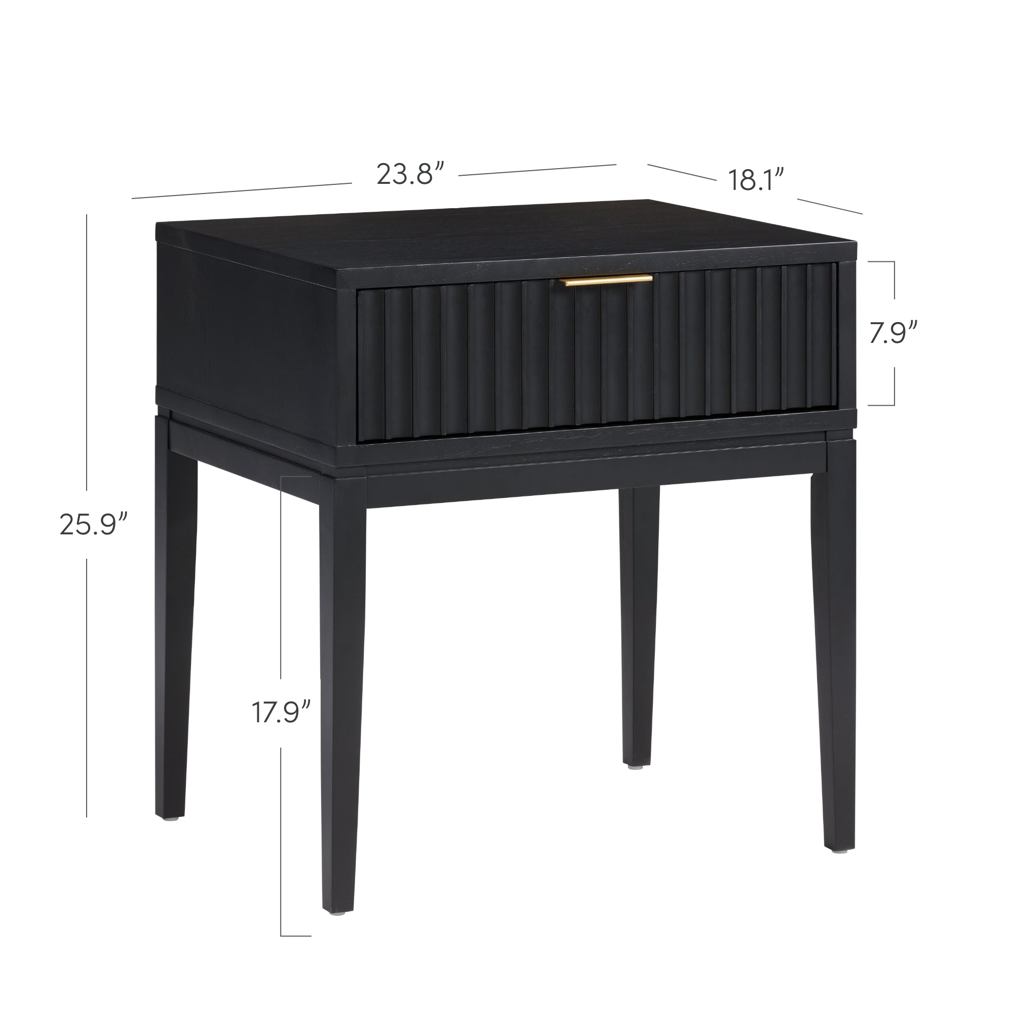 Black wooden nightstand with a ribbed front drawer featuring a gold handle. Dimensions are 23.8 wide, 18.1 deep, 25.9 high, with a drawer height of 7.9 and leg height of 17.9.