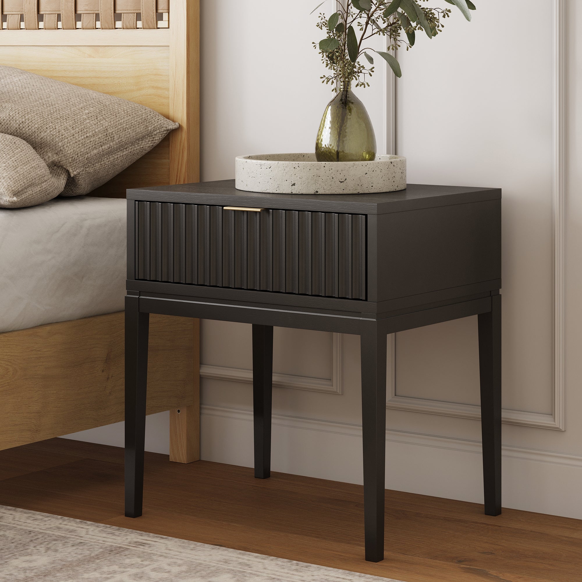 Mid-Century Fluted Nightstand Black Oak thumbnail