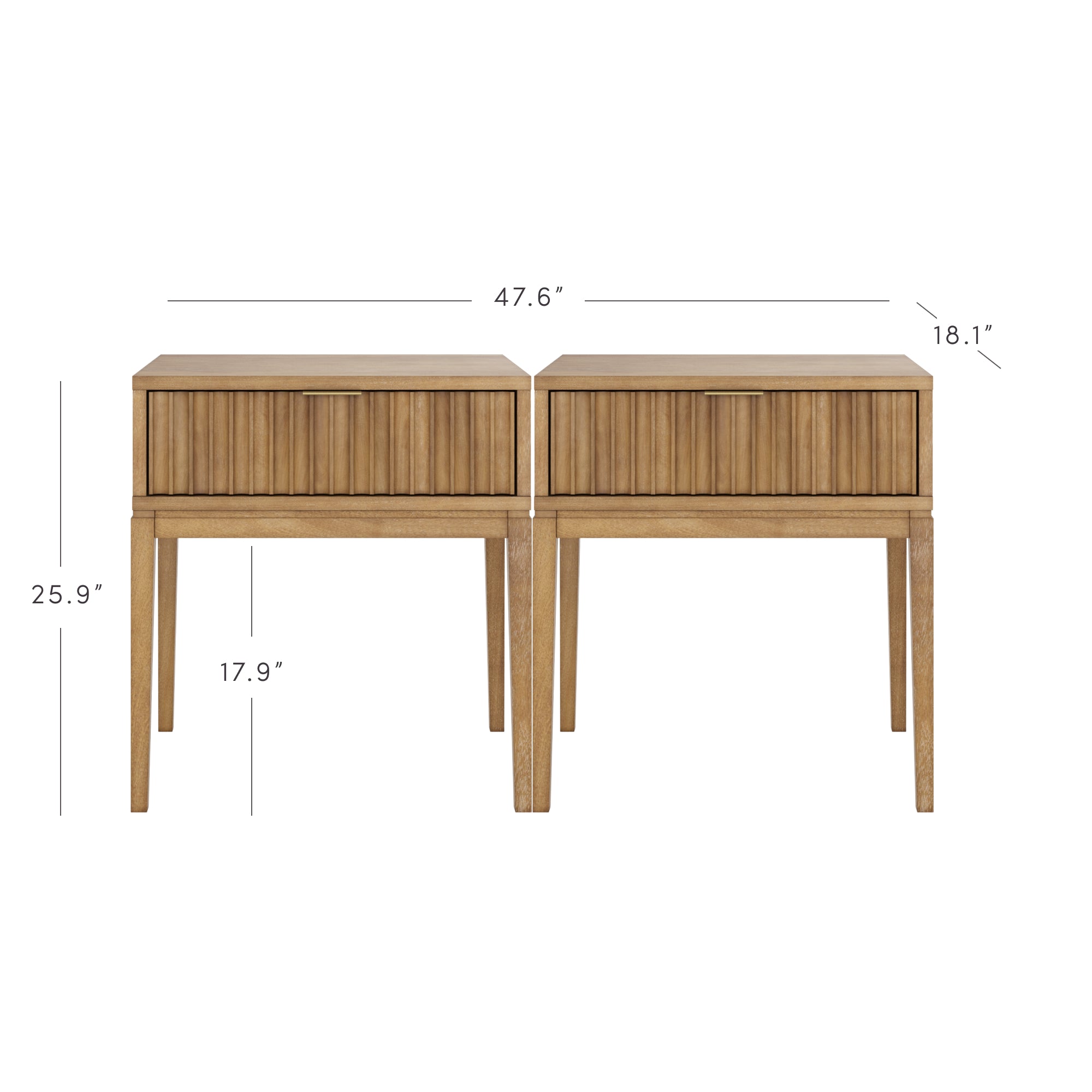 Two wooden nightstands with vertical slat fronts are shown side by side. Dimensions are marked: combined width 47.6, height 25.9, depth 18.1, and leg height 17.9.