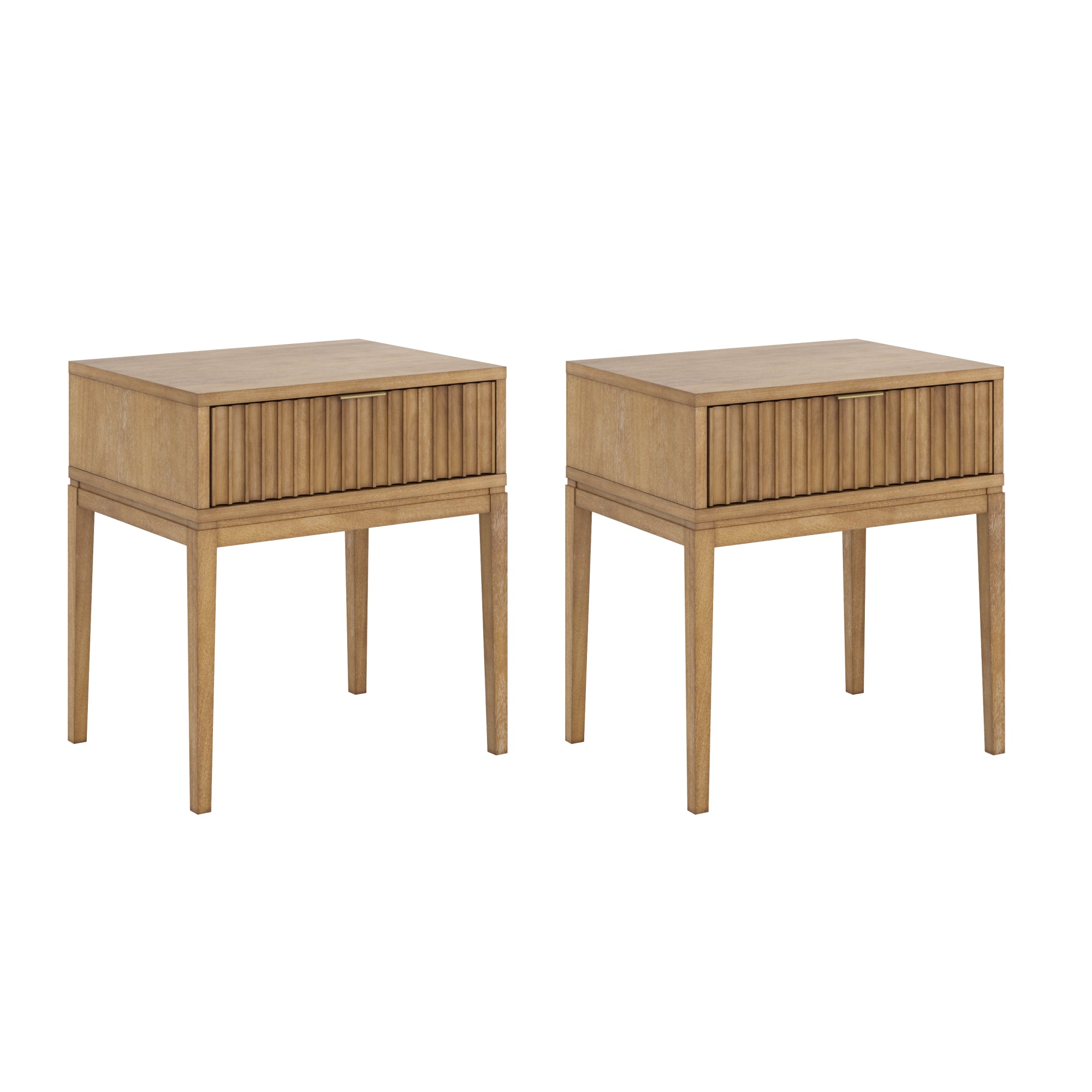 Two identical wooden end tables with a light brown finish, single drawer featuring vertical slats on the front, and four straight legs each.