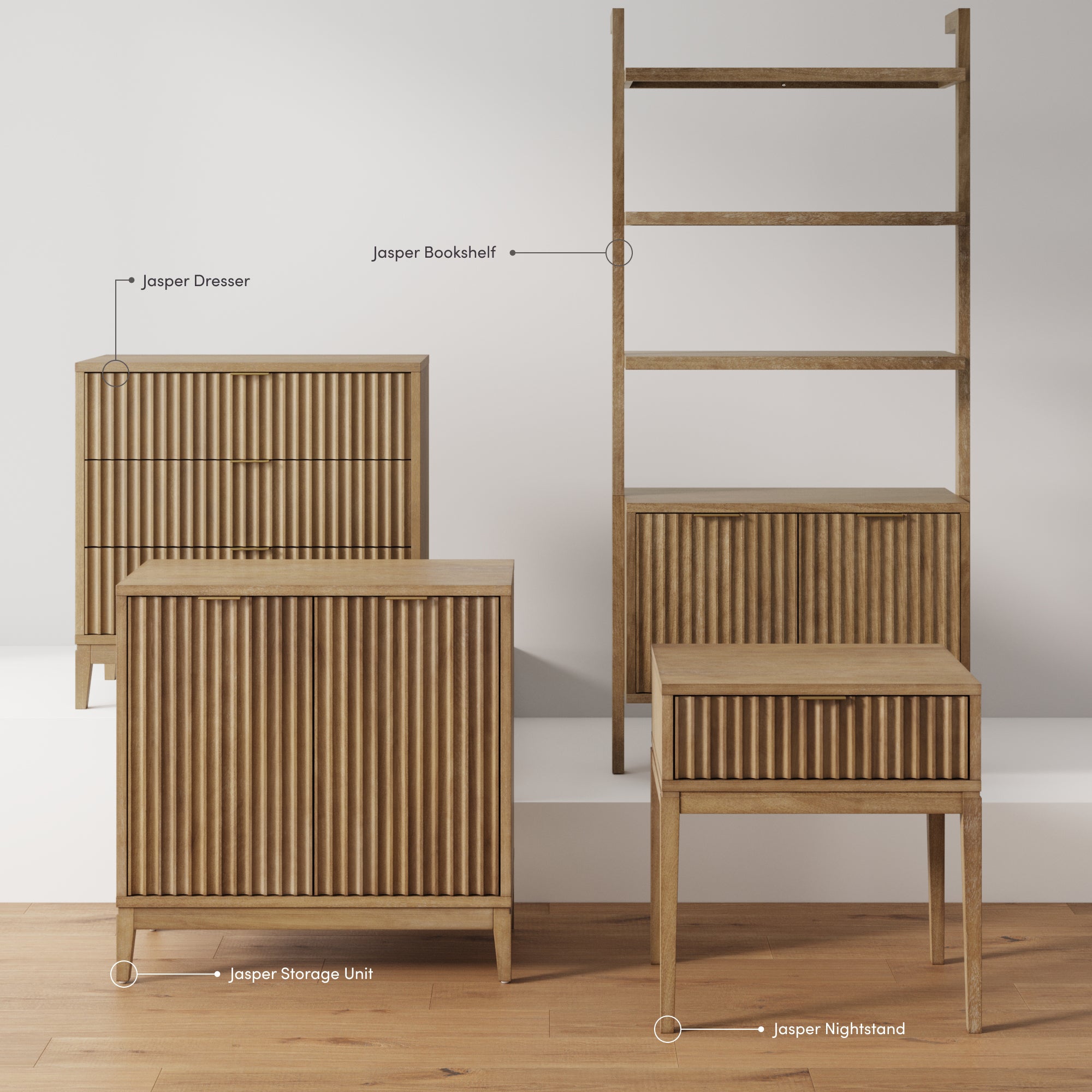 Four pieces of wooden furniture from the Jasper collection, including a dresser, bookshelf, storage unit, and nightstand, are displayed against a white wall and wooden floor. Each piece has a ribbed front design.