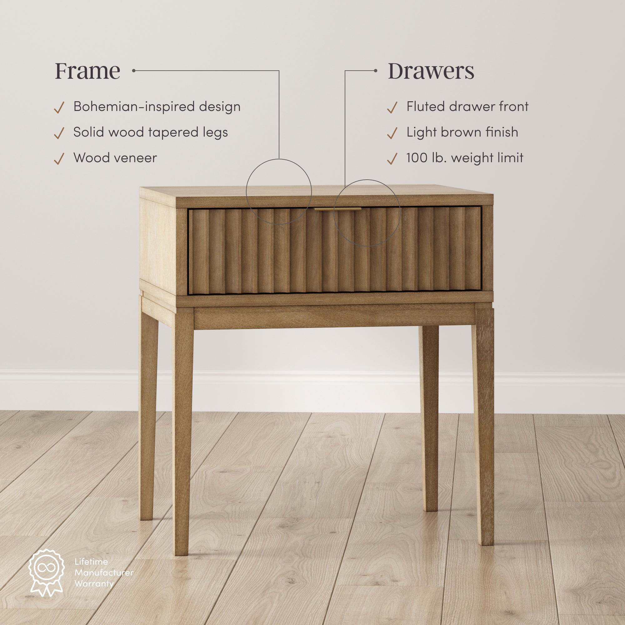 A wooden nightstand with fluted drawer front stands on light wood flooring. Text highlights its Bohemian-inspired design, solid wood tapered legs, wood veneer, light brown finish, and 100 lb. weight limit.