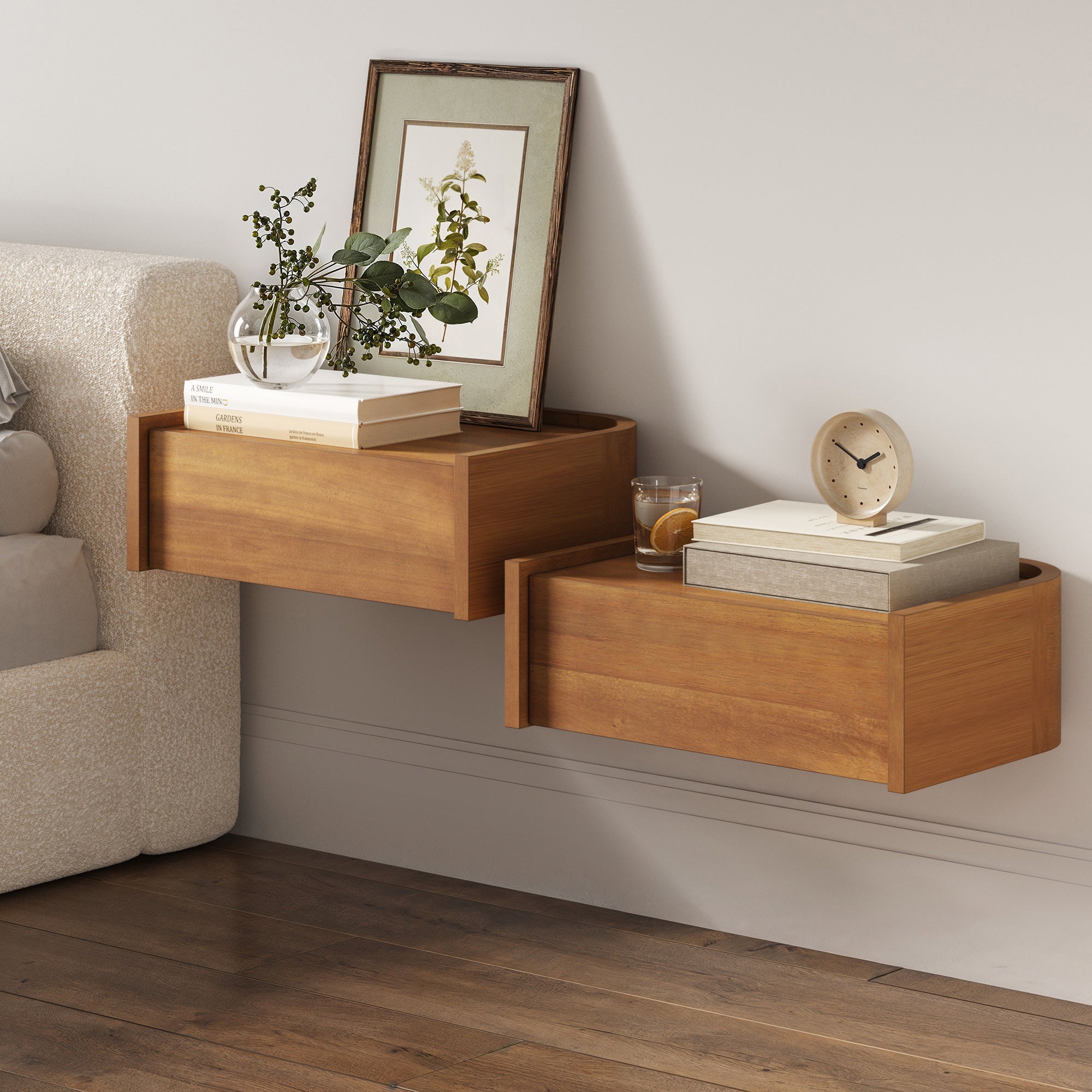 Floating 1-Drawer Rounded Nightstand Light Brown (Set of 2)