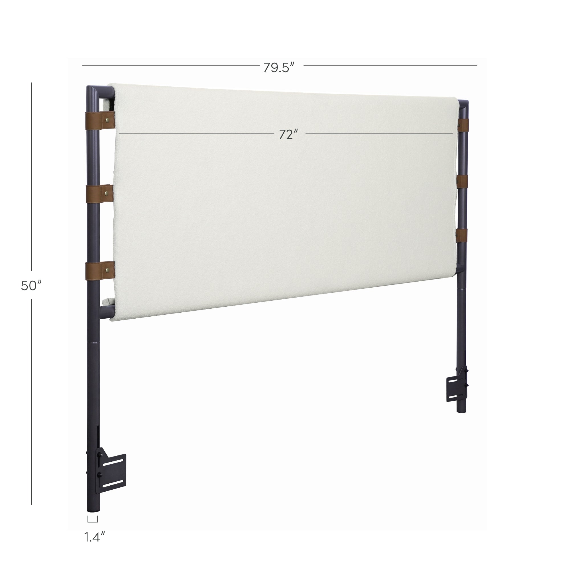 Upholstered headboard with metal frame, measuring 79.5 inches wide, 50 inches tall, and 1.4 inches deep; padded section is 72 inches wide. Brown straps attach the headboard to the frame.
