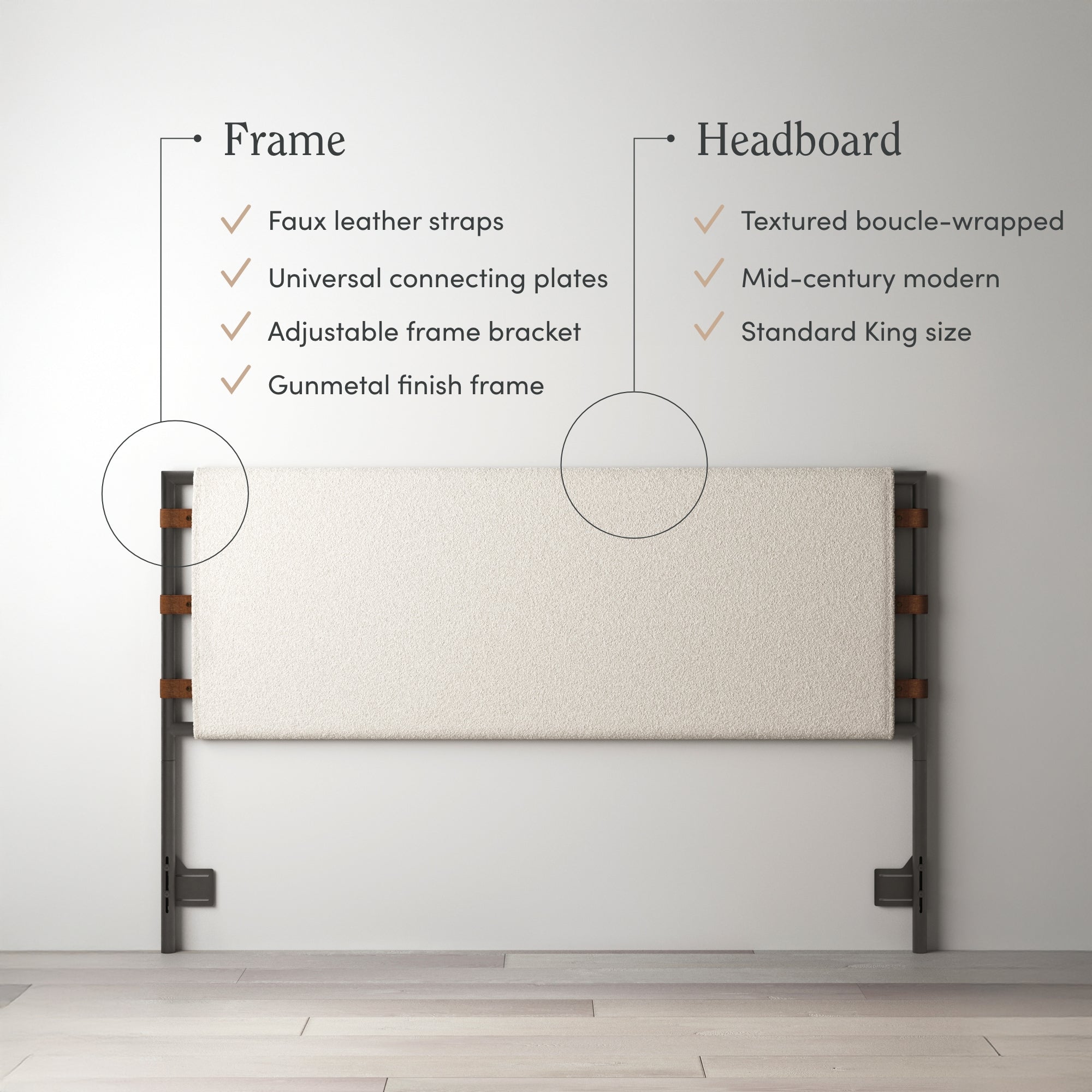 Minimalist king-size headboard with gunmetal frame and faux leather straps, featuring textured bouclé upholstery. Text highlights frame and headboard features, including adjustable brackets and mid-century modern style.