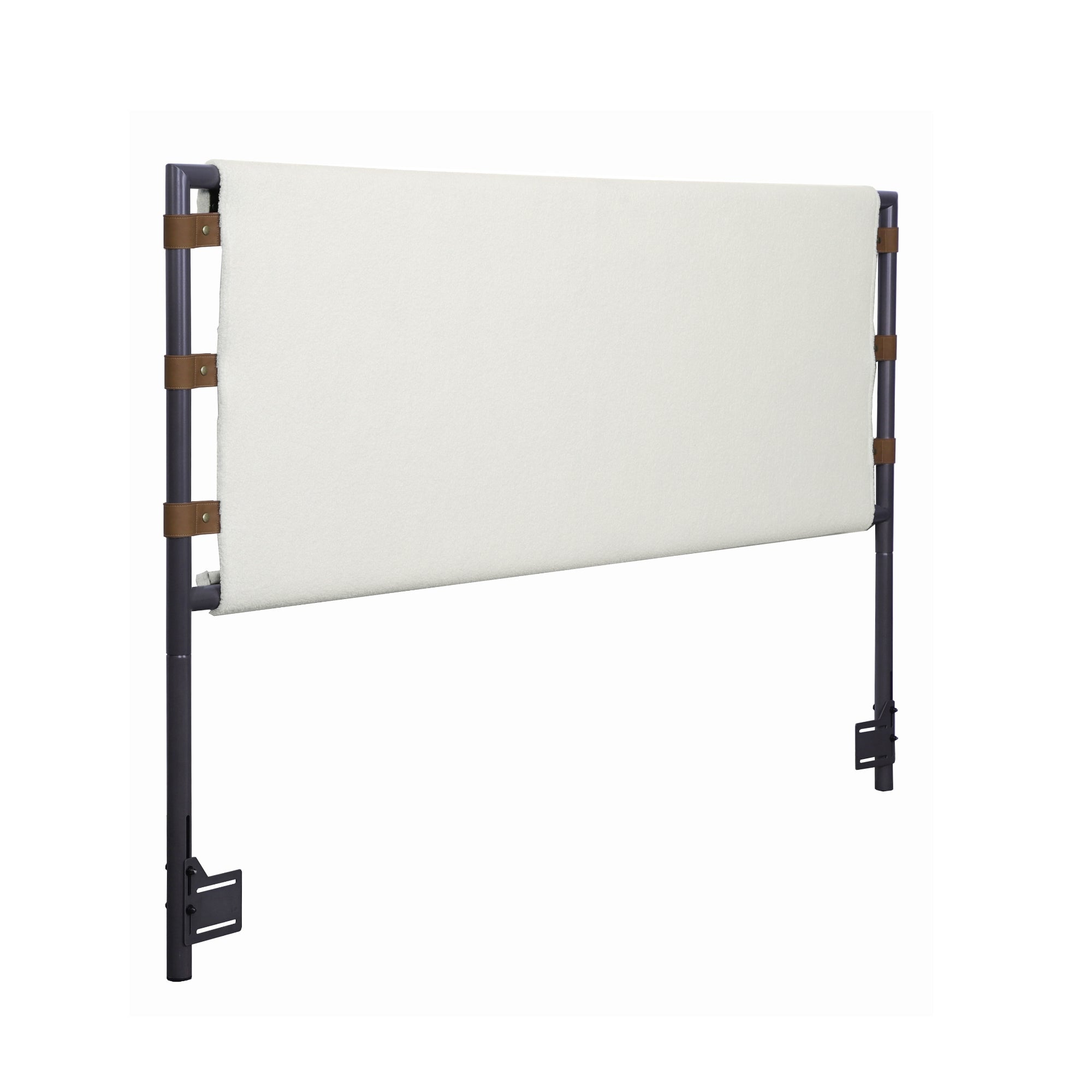 A rectangular upholstered headboard with light-colored fabric, mounted on dark metal legs with brown straps. The headboard is photographed against a white background.