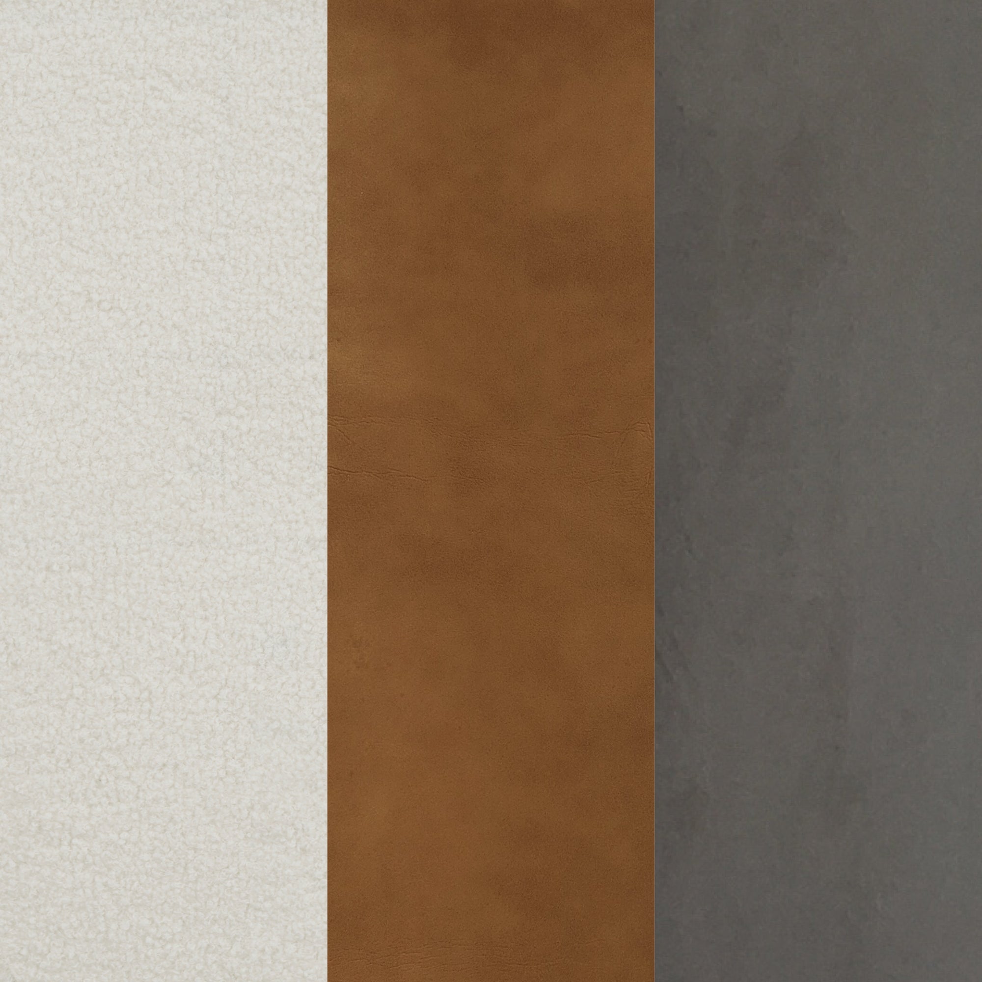 Three vertical panels showing different textures and colors: off-white fabric on the left, smooth brown leather in the center, and dark gray concrete on the right.