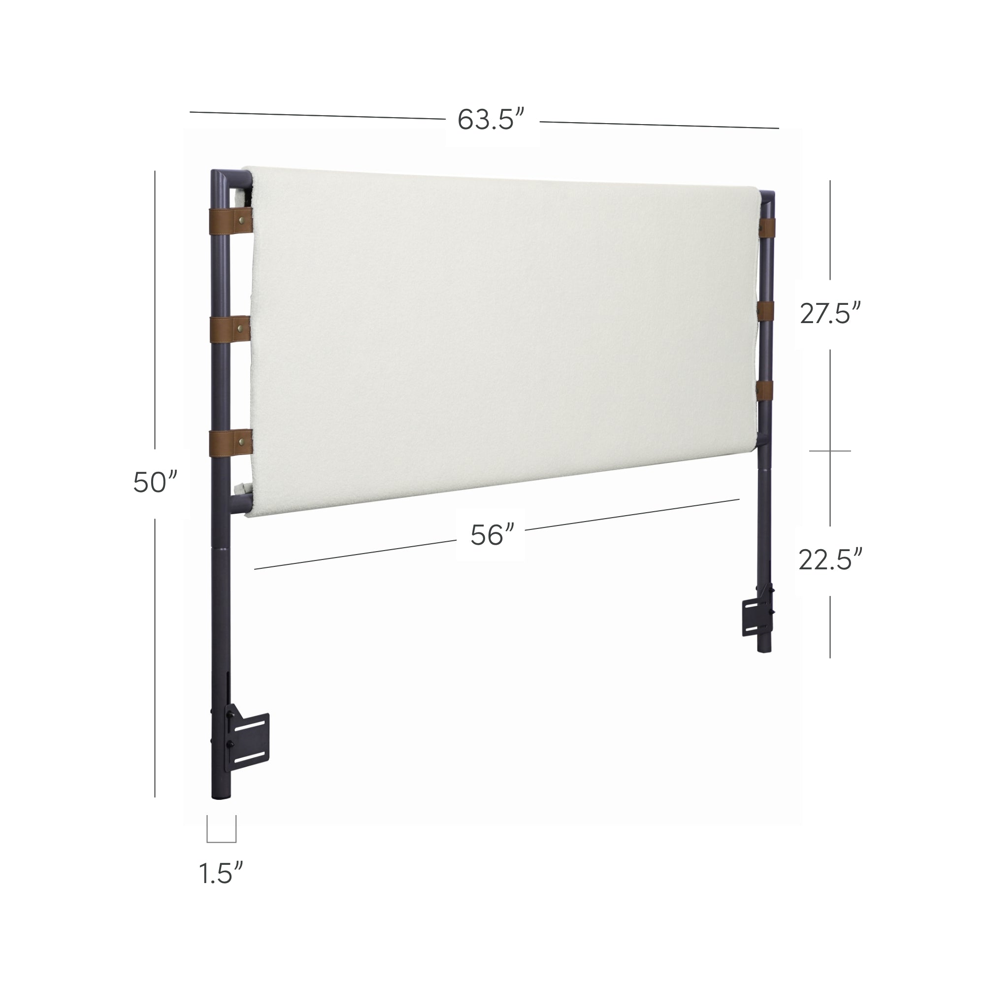 A fabric-covered headboard with metal frame and leather strap accents, measuring 63.5 inches wide, 50 inches tall, 1.5 inches deep, with a 56-inch fabric panel, and labeled height sections of 27.5 and 22.5 inches.