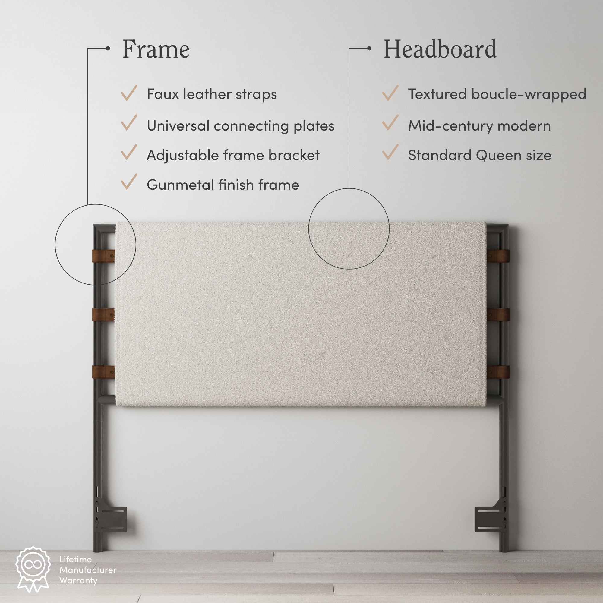 A modern queen-size bed frame with a textured, boucle-wrapped headboard, faux leather straps, gunmetal finish, and universal connecting plates. Text highlights key features. Warranty icon in lower left.