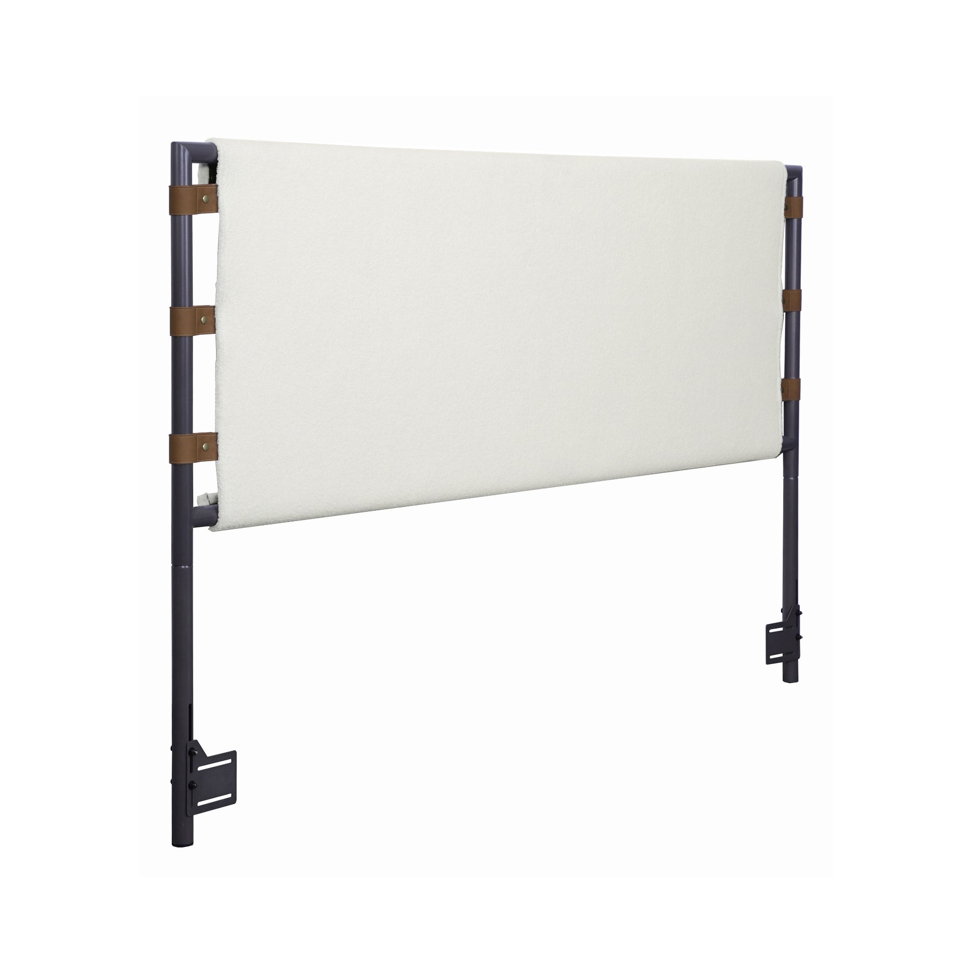 A minimalistic, modern bed headboard with a rectangular white upholstered panel, supported by a black metal frame with brown leather-like straps securing the panel.