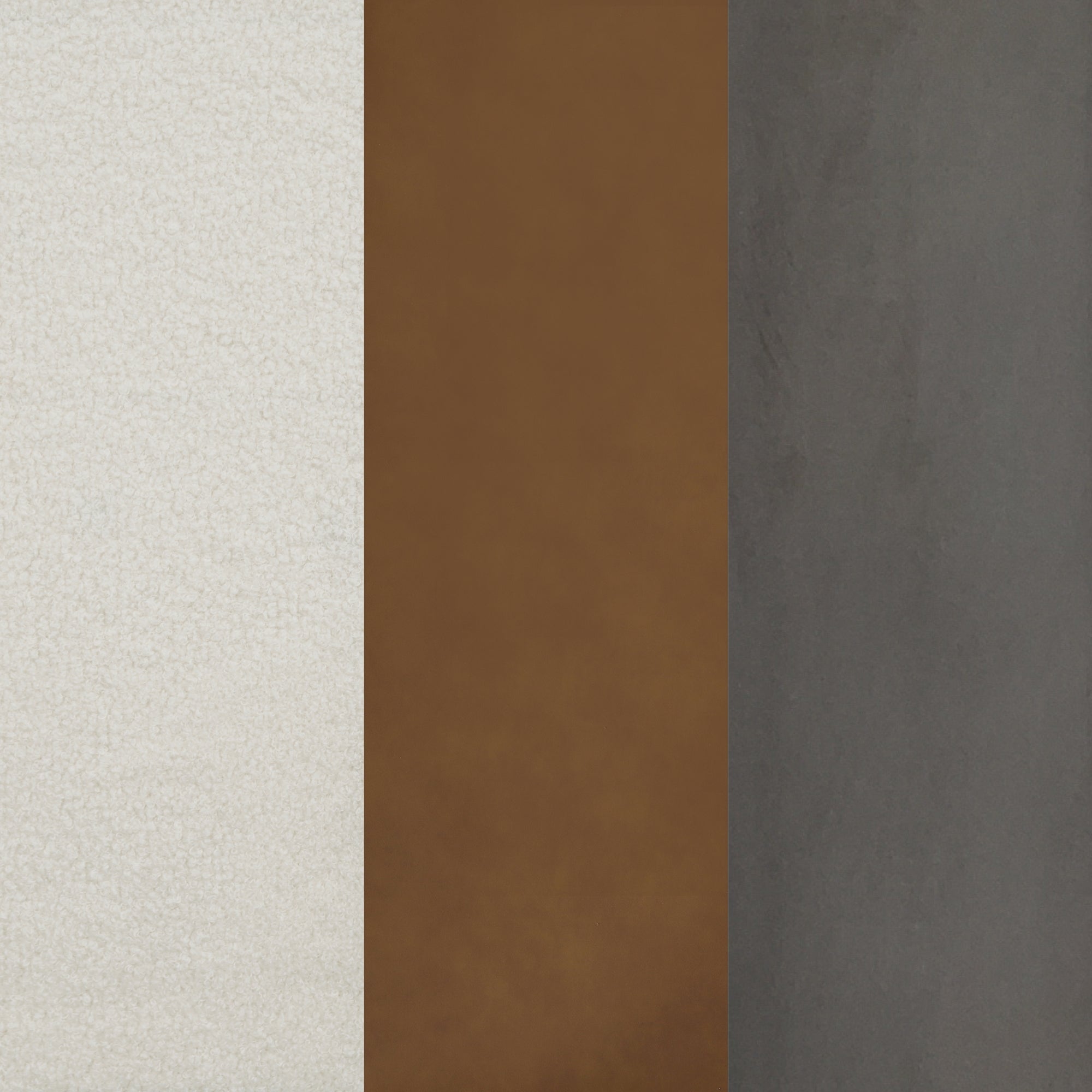 Three vertical panels: the left panel is off-white with a textured surface, the center panel is smooth and brown, and the right panel is dark gray with a slightly rough texture.
