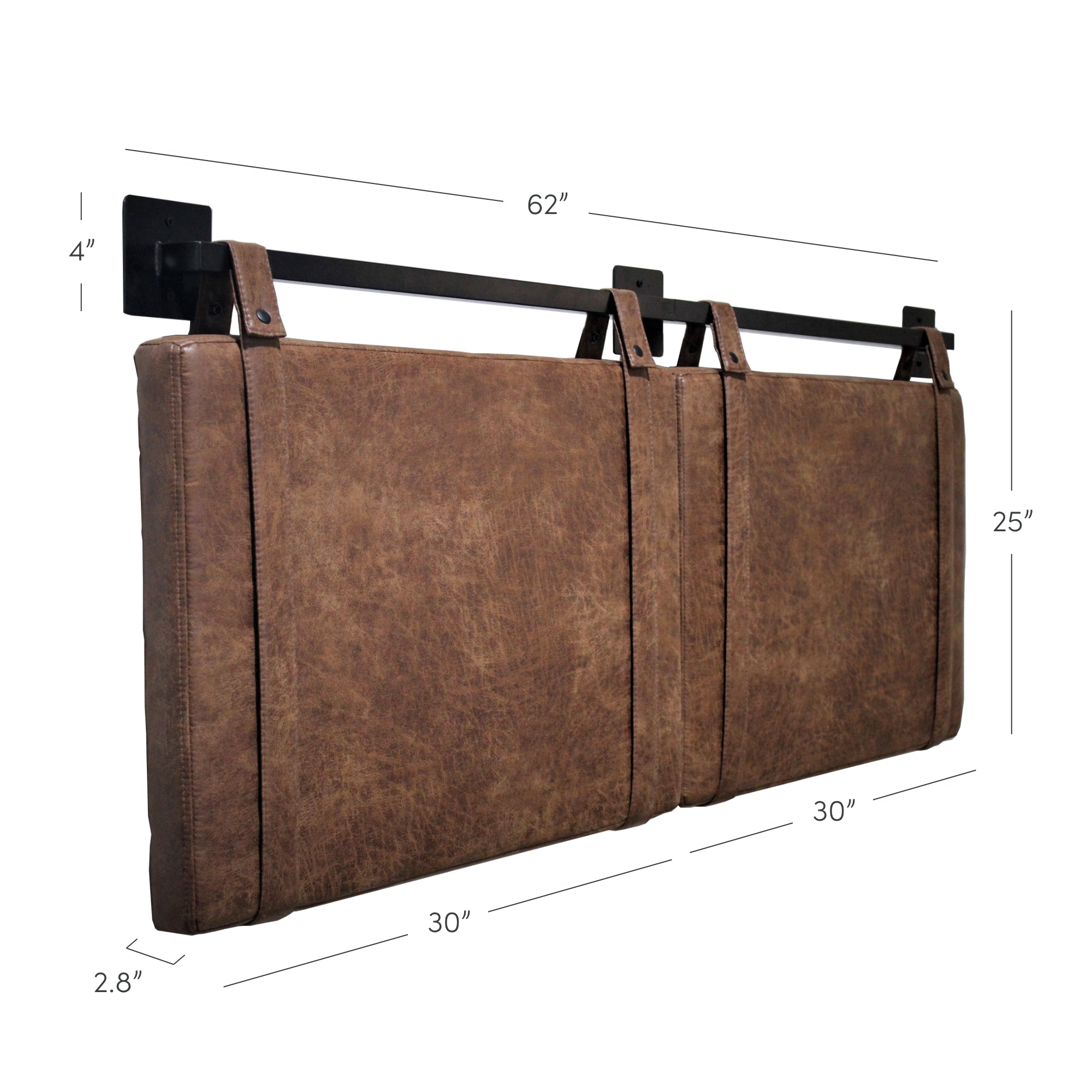 Brown leather-look, wall-mounted padded headboard with two panels. Black metal mounting bar on top. Dimensions labeled: 62 wide, 25 tall, 4 deep at top, 2.8 deep at bottom, each panel 30 wide.
