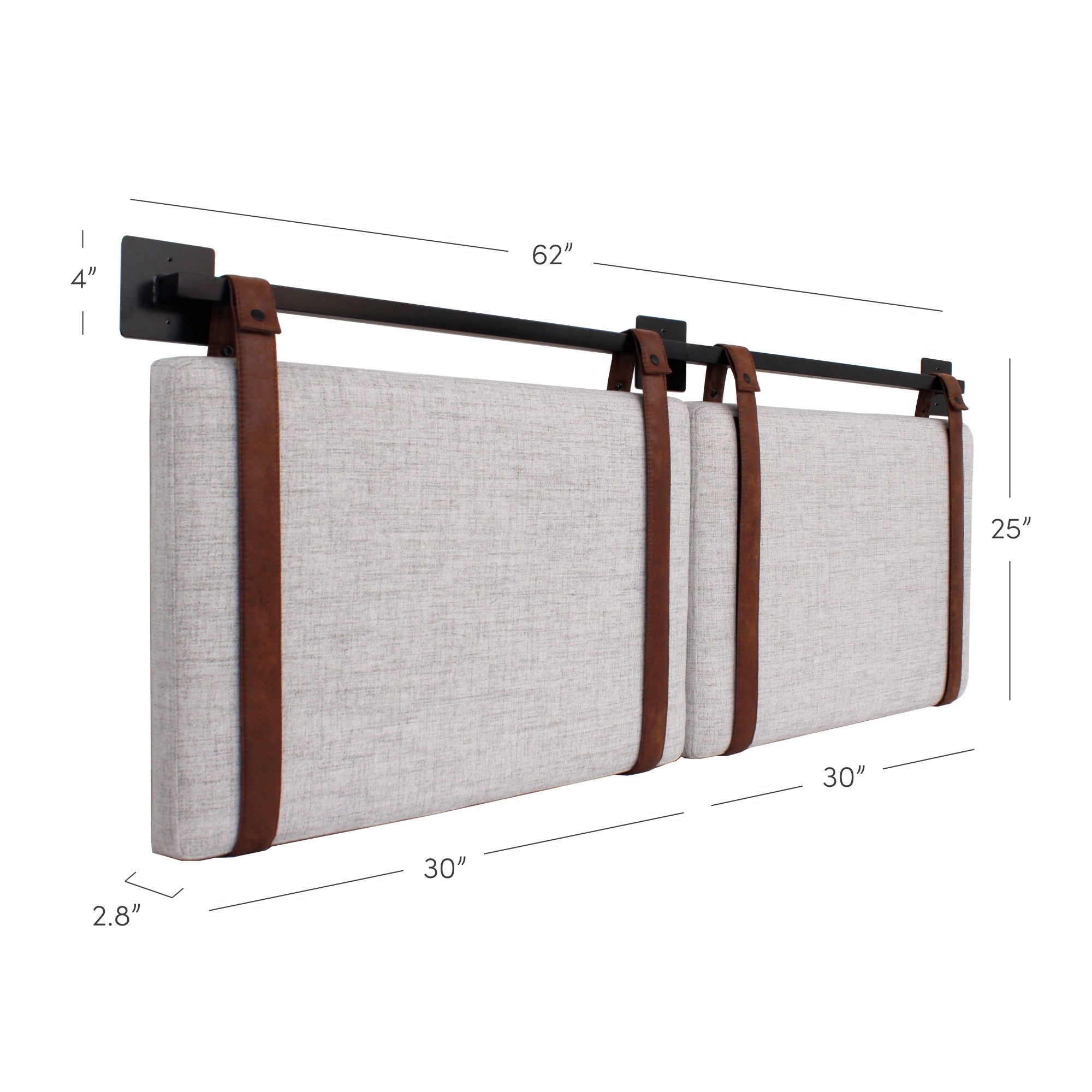 Wall-mounted upholstered headboard with two padded panels in light fabric, secured by brown leather straps on a black metal rail. Dimensions: 62 wide, 25 high, 4 deep, each panel 30 wide, with 2.8 pad thickness.