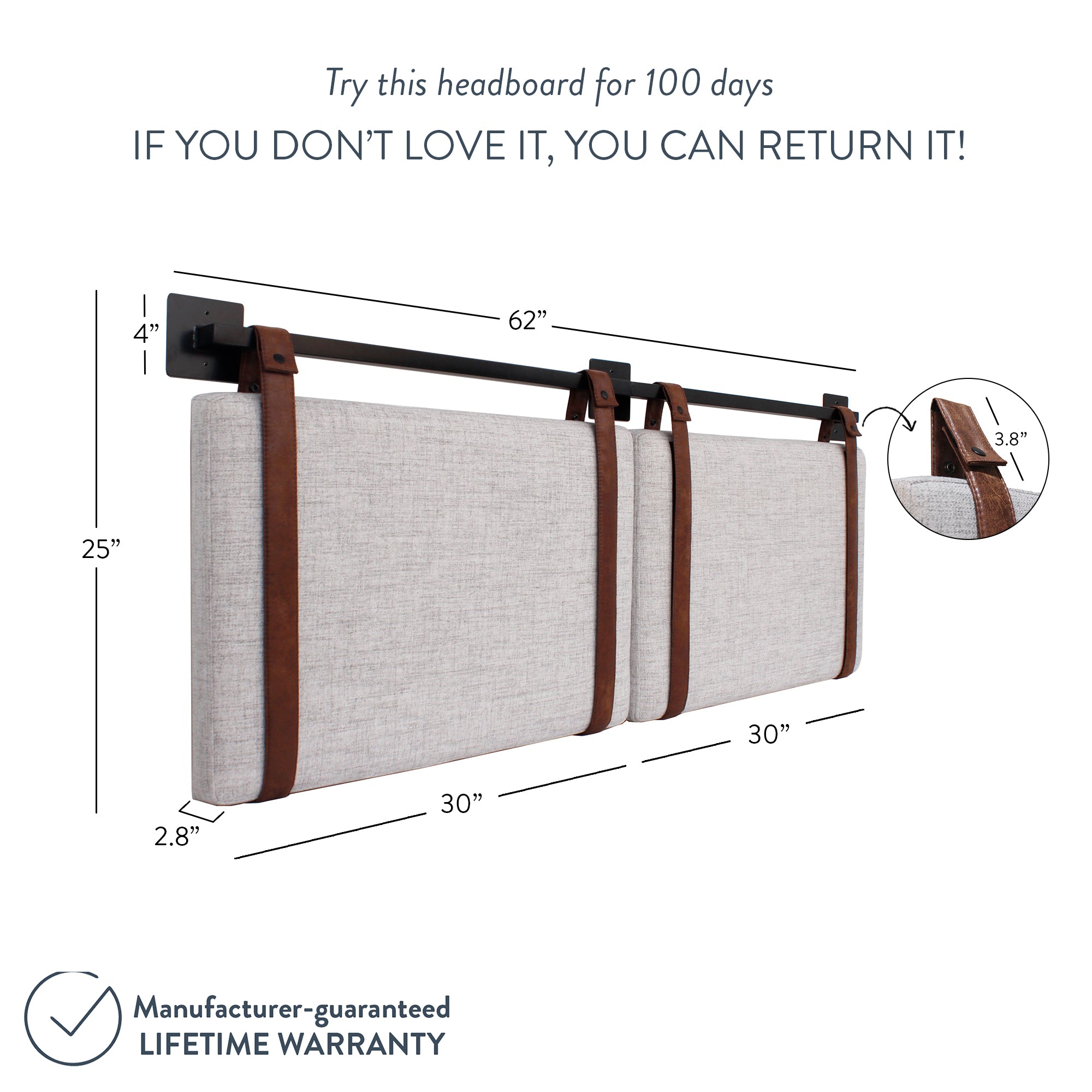 A fabric headboard with brown leather straps is mounted on a black metal bar. Dimensions are 62 wide, 25 tall, panels are 30x20 each, and side depth is 2.8-4. There is a lifetime warranty and a 100-day return policy.
