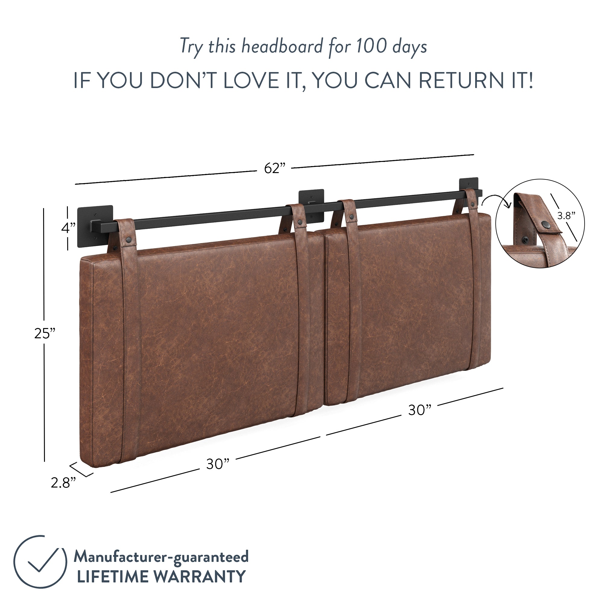 Brown leather headboard with metal mounting bar, shown with dimensions: 62” wide, 25” high, 3.8” deep. Includes text about a 100-day return policy and a manufacturer-guaranteed lifetime warranty.