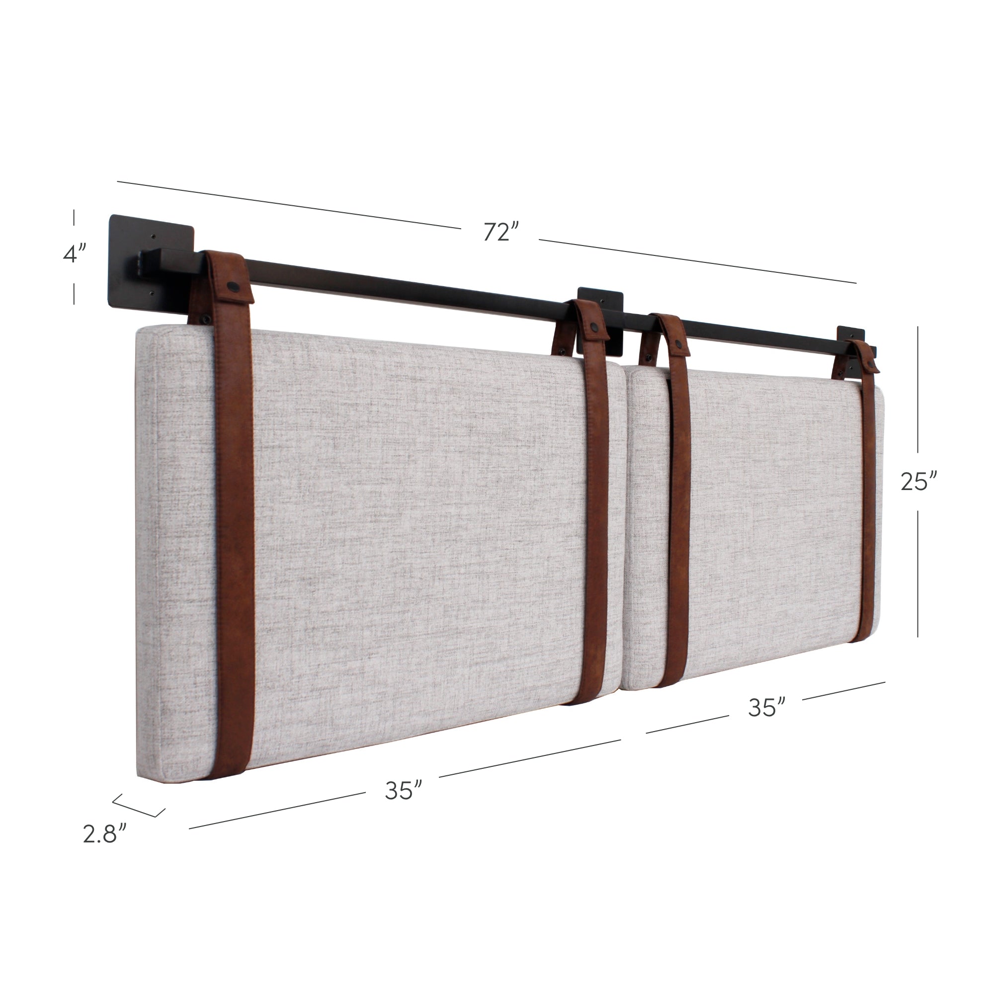 A wall-mounted, upholstered headboard with two gray padded panels held by brown leather straps on a black metal bar. Dimensions: bar 72 wide, panels 35 wide each, 25 tall, 2.8 thick, and 4 bar height.