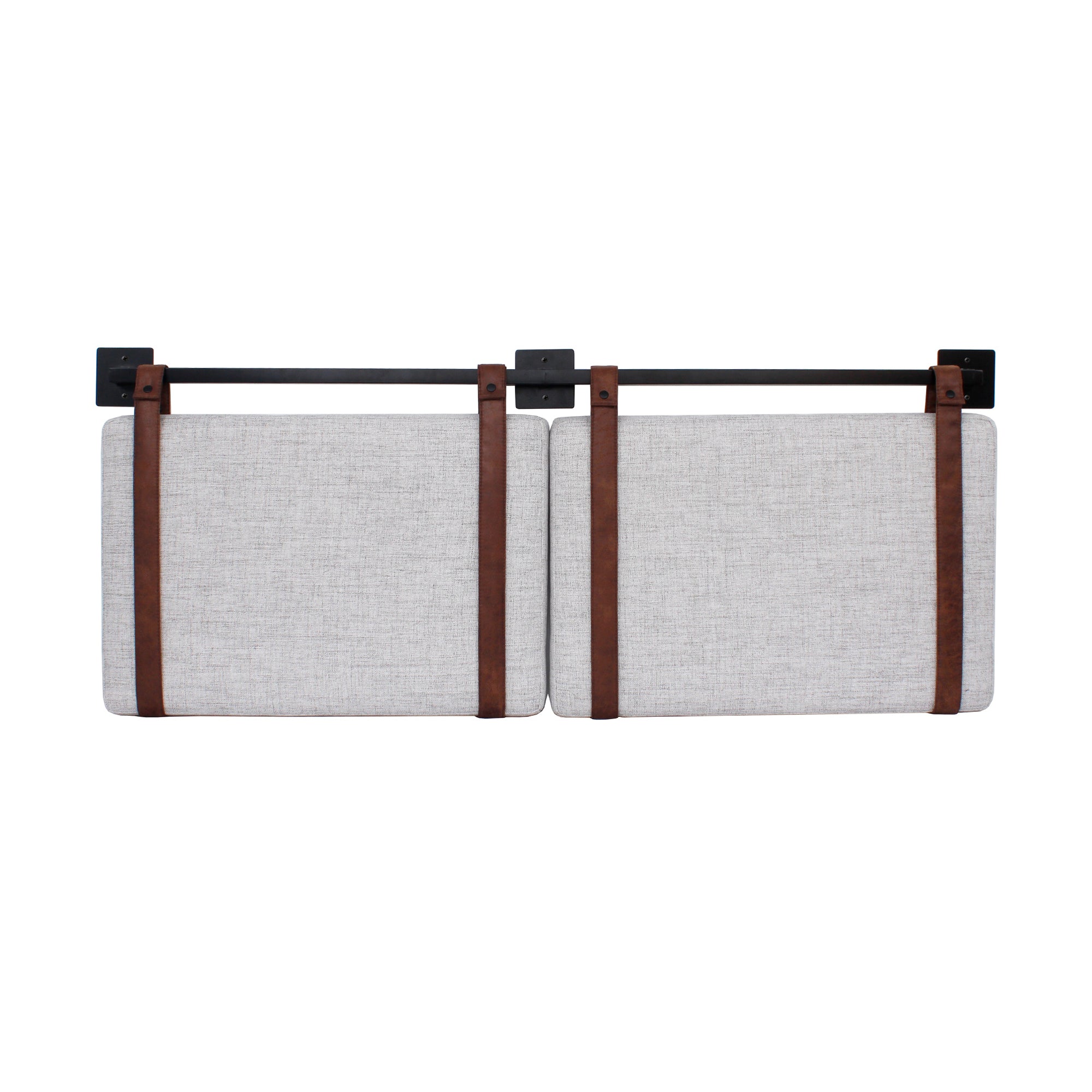 Two rectangular light gray padded panels are suspended side by side from a black metal rail with brown leather straps, resembling a modern sliding barn door design.