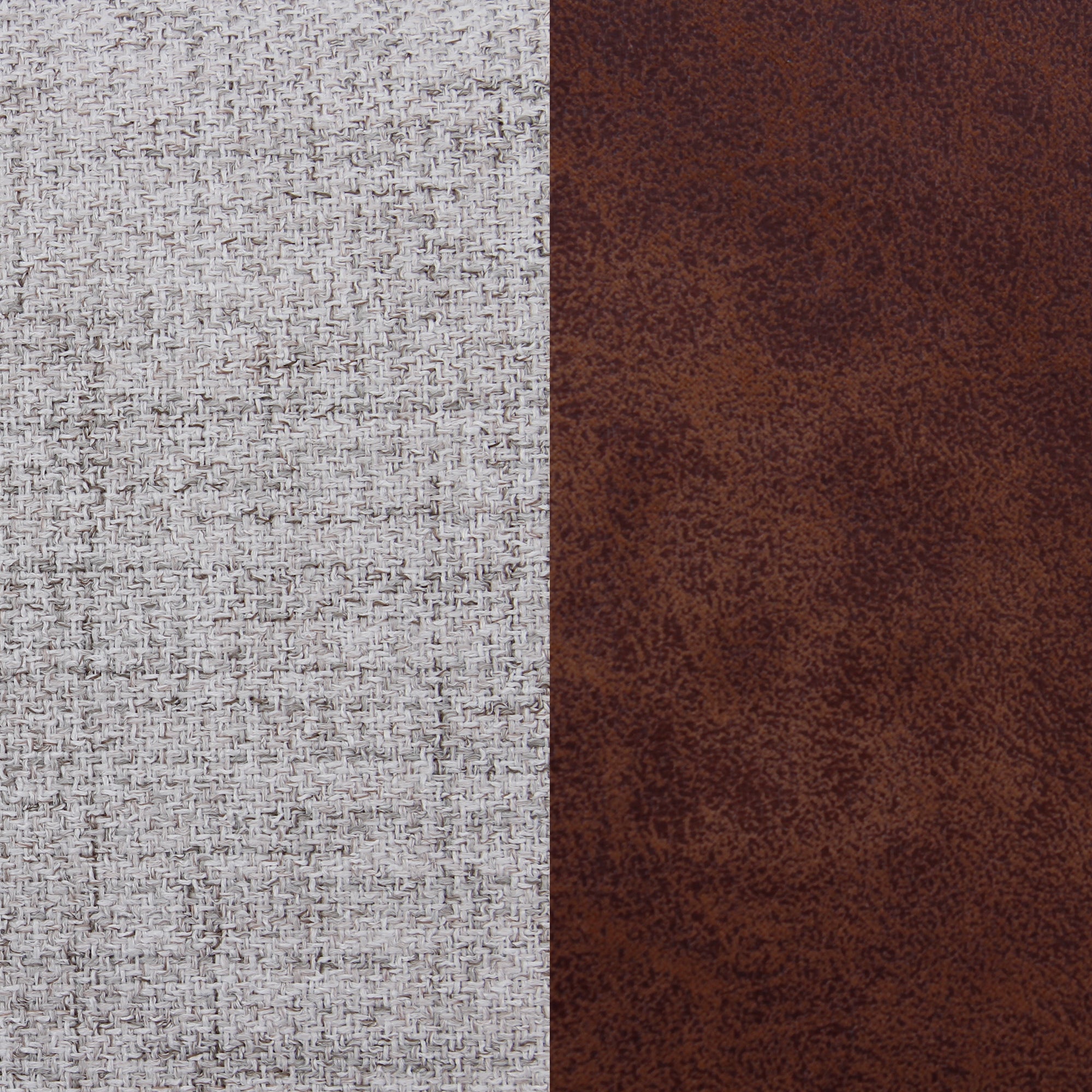 A close-up view of two contrasting textures side by side: a light gray woven fabric on the left and a smooth, reddish-brown leather surface on the right.