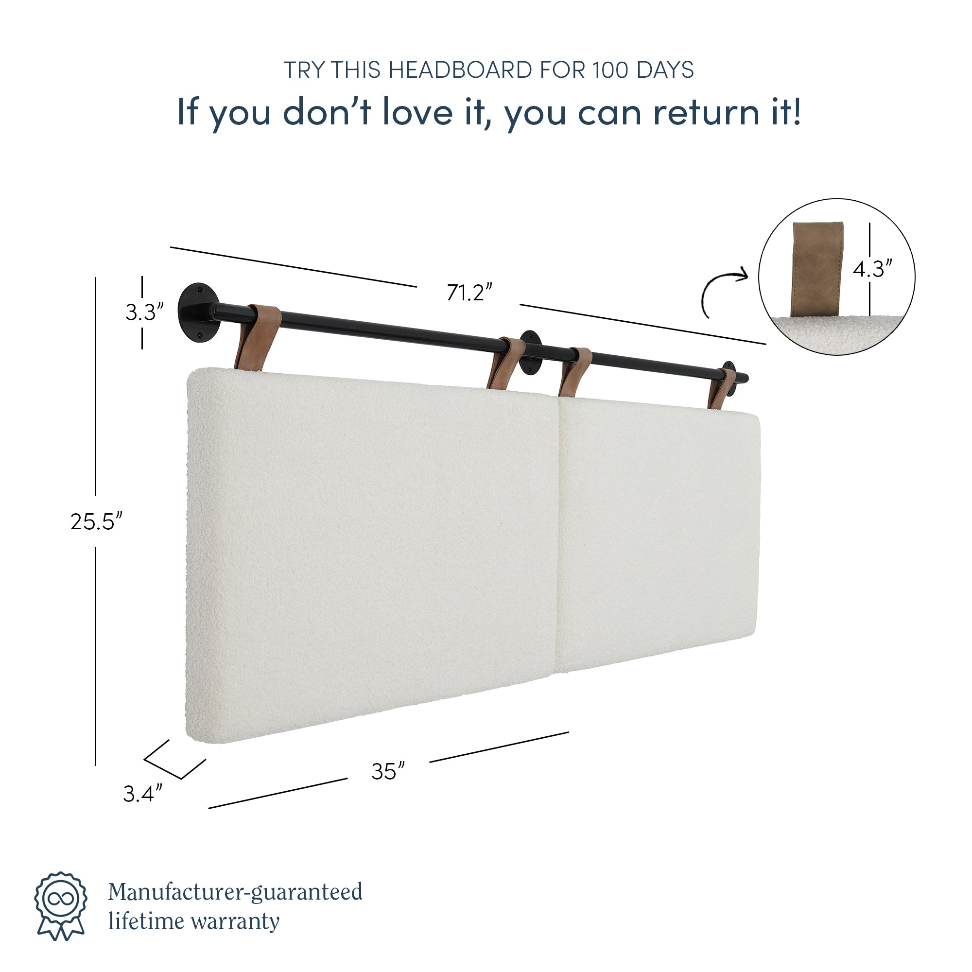 Two rectangular, padded headboards with leather straps hang from a black metal rod. Dimensions and features are labeled, with a warranty badge and text offering a 100-day return policy at the top.