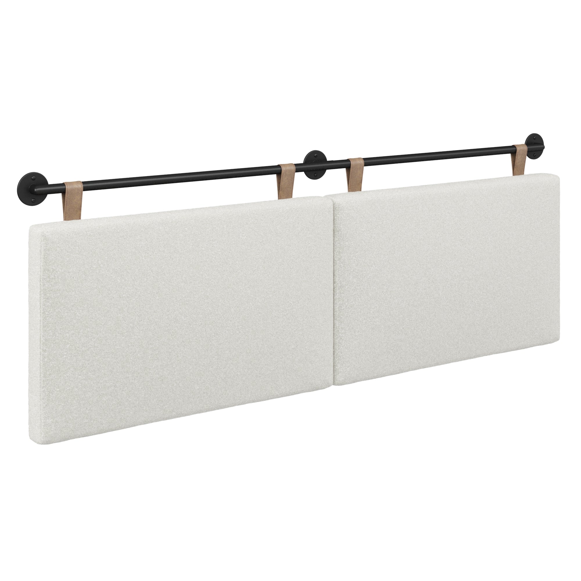 A modern wall-mounted headboard with two rectangular, light-colored upholstered panels hanging from a black metal rod with brown leather straps.