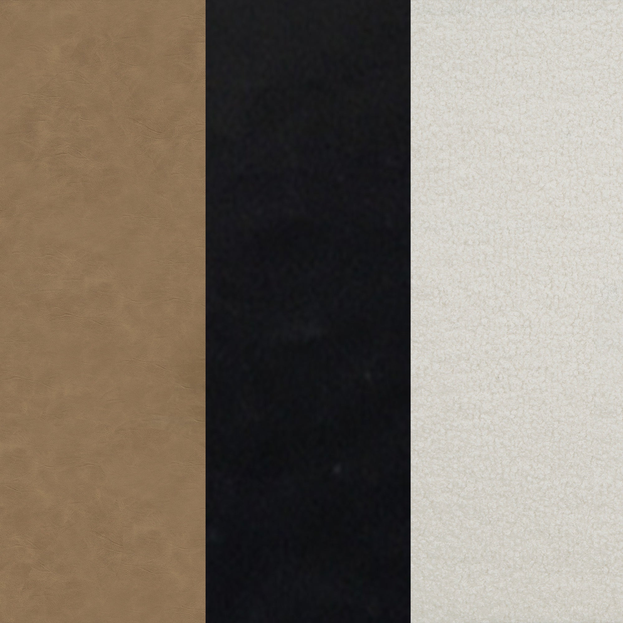 Three vertical panels showing different textures: the left panel is brown and leathery, the middle panel is solid black and smooth, and the right panel is off-white with a soft, fuzzy texture.