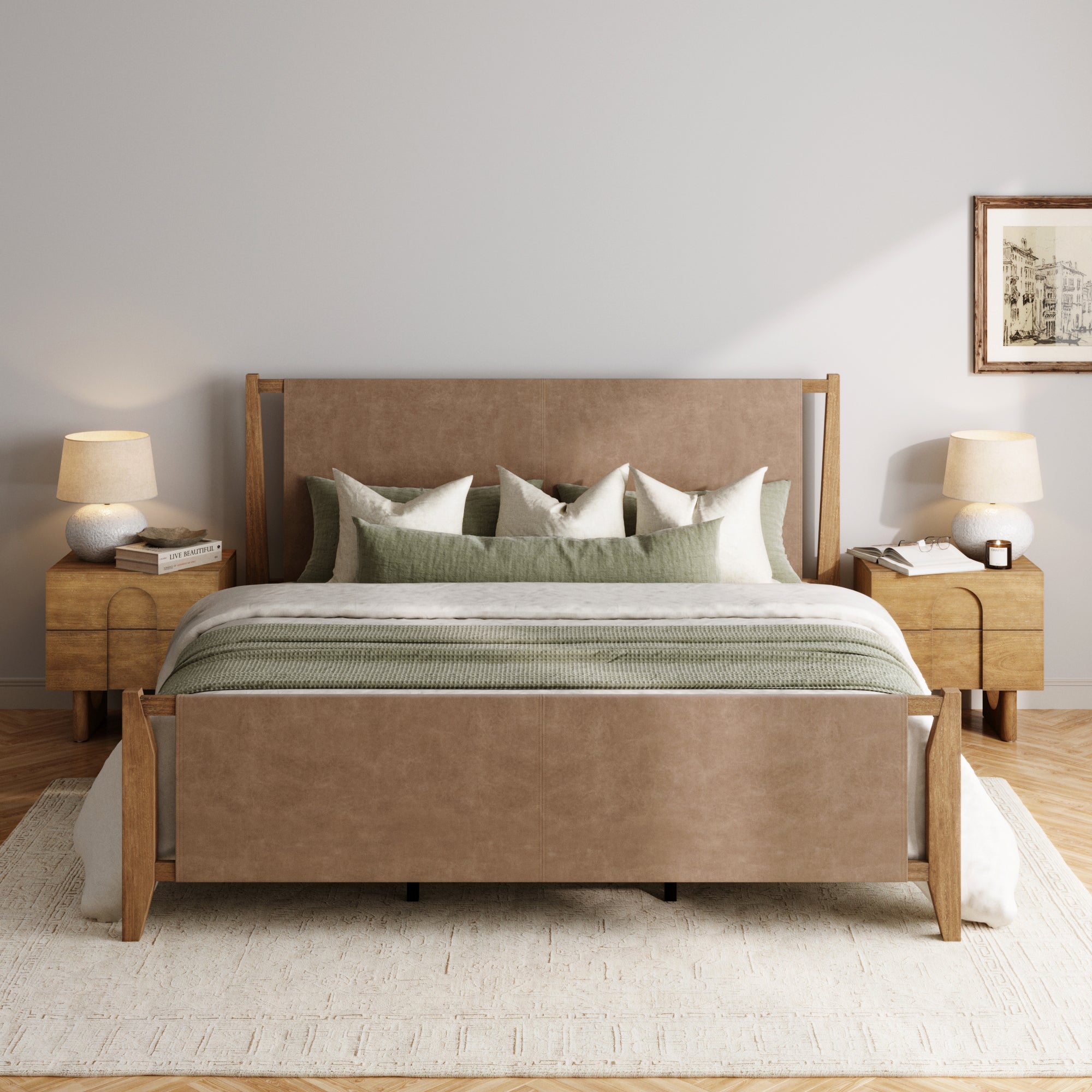 Faux Leather King Bed Frame with Arched Nightstands Set Light Brown - Nathan James