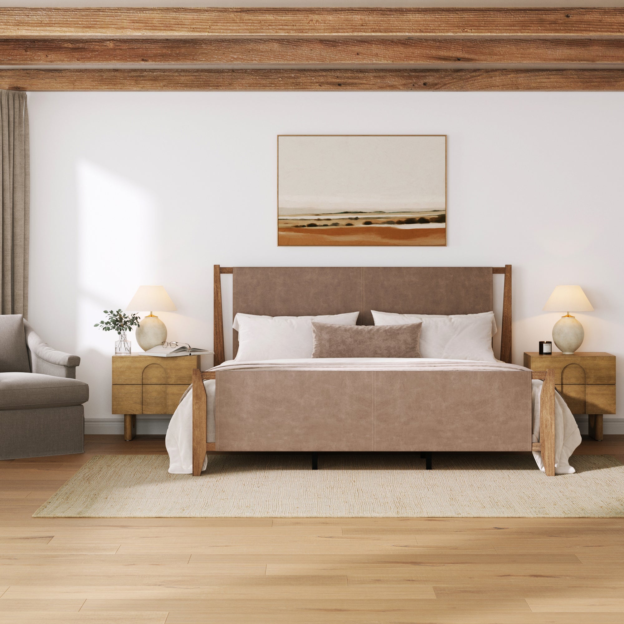 Faux Leather King Bed Frame with Arched Nightstands Set Light Brown - Nathan James