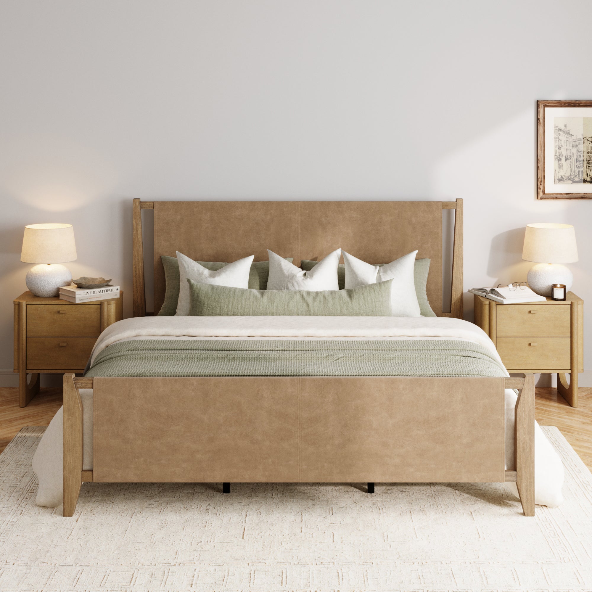 King Size Bed Frame Wood & Faux Leather with Headboard Light Brown - Nathan James
