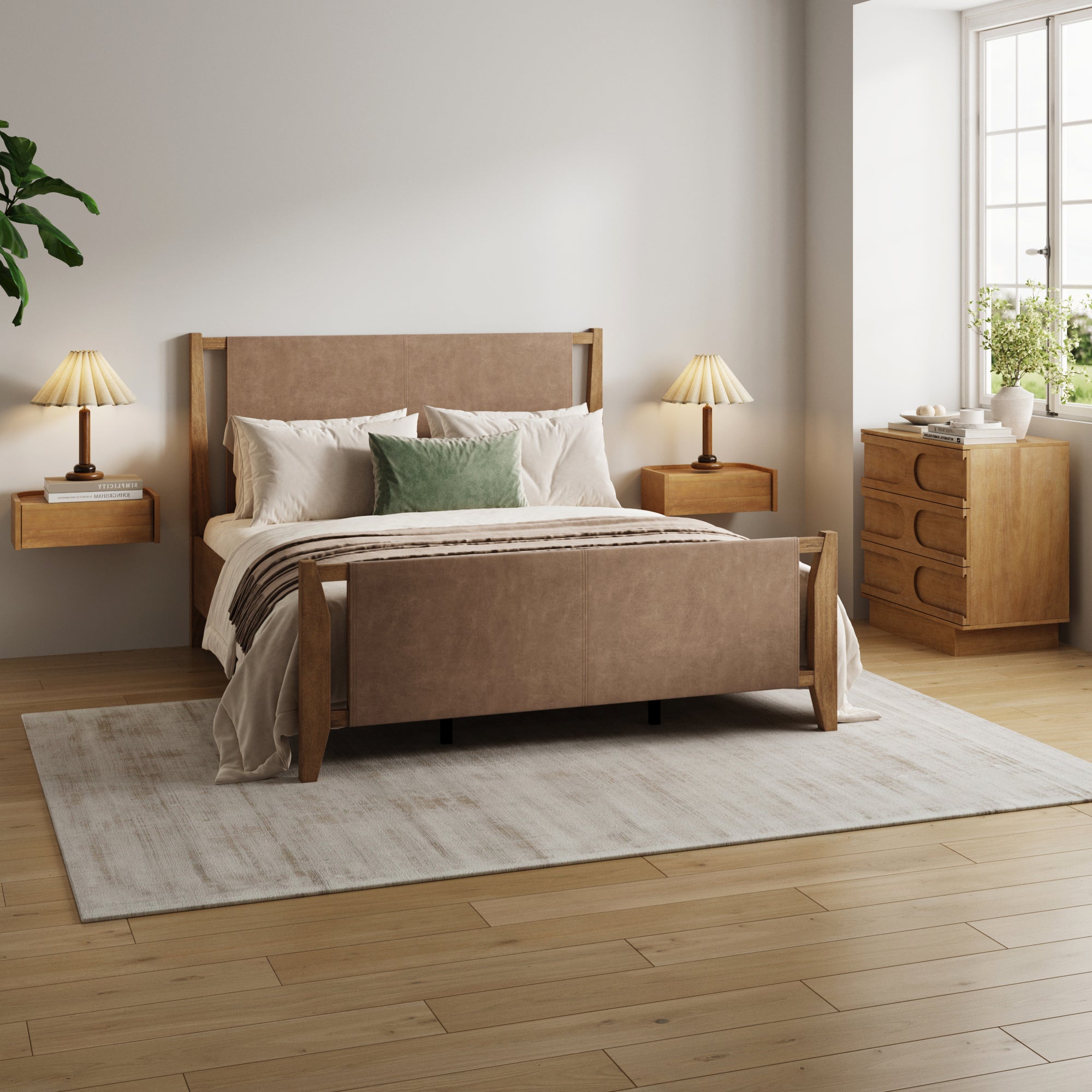 Faux Leather Queen Bedroom Set with Dresser & Nightstand Light Brown - Nathan James