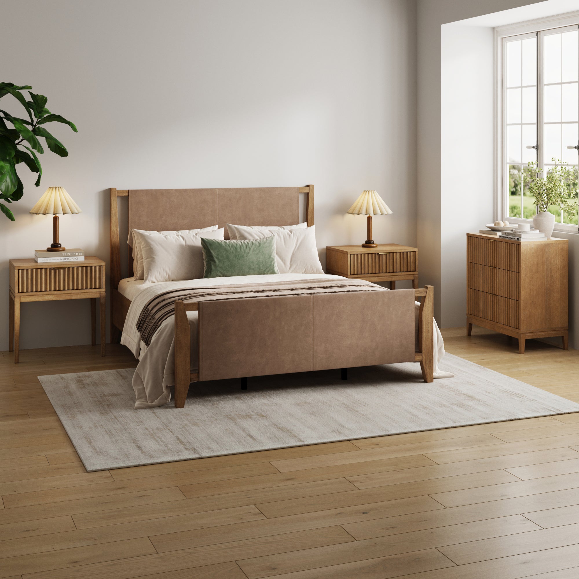 Faux Leather Queen Bedroom Set with Fluted Dresser & Nightstand Light Brown - Nathan James
