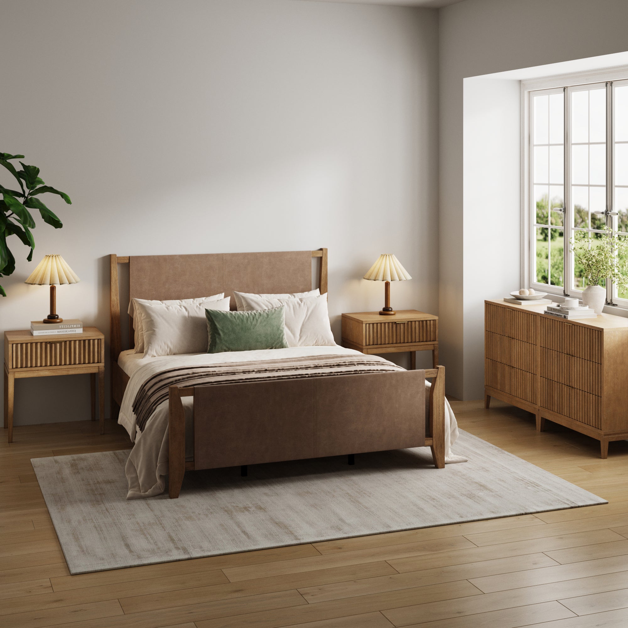 Faux Leather Queen Bedroom Set with 2 Fluted Dressers & 2 Nightstands Light Brown - Nathan James