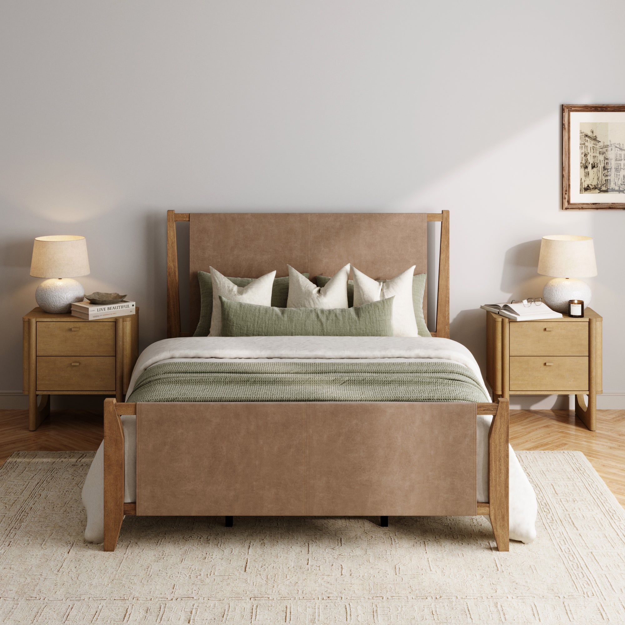 Faux Leather Queen Bedroom Set with 2 - Drawer Nightstands Light Brown - Nathan James