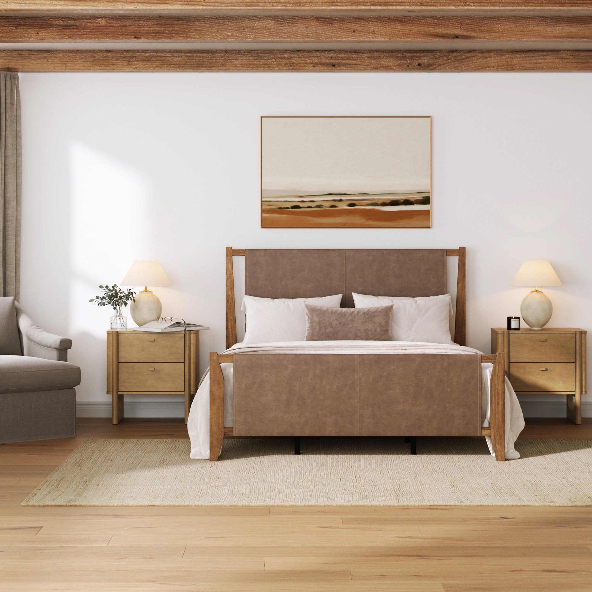 Faux Leather Queen Bedroom Set with 2 - Drawer Nightstands Light Brown - Nathan James