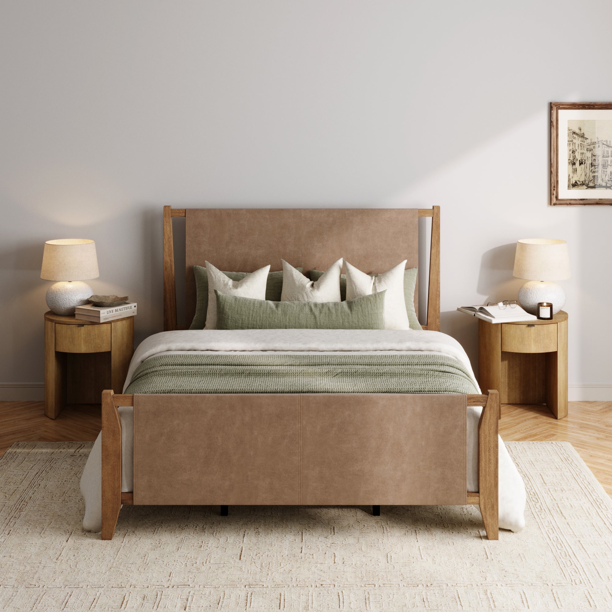 Faux Leather Queen Bed Frame with Curved Nightstands with Drawer Set Light Brown - Nathan James