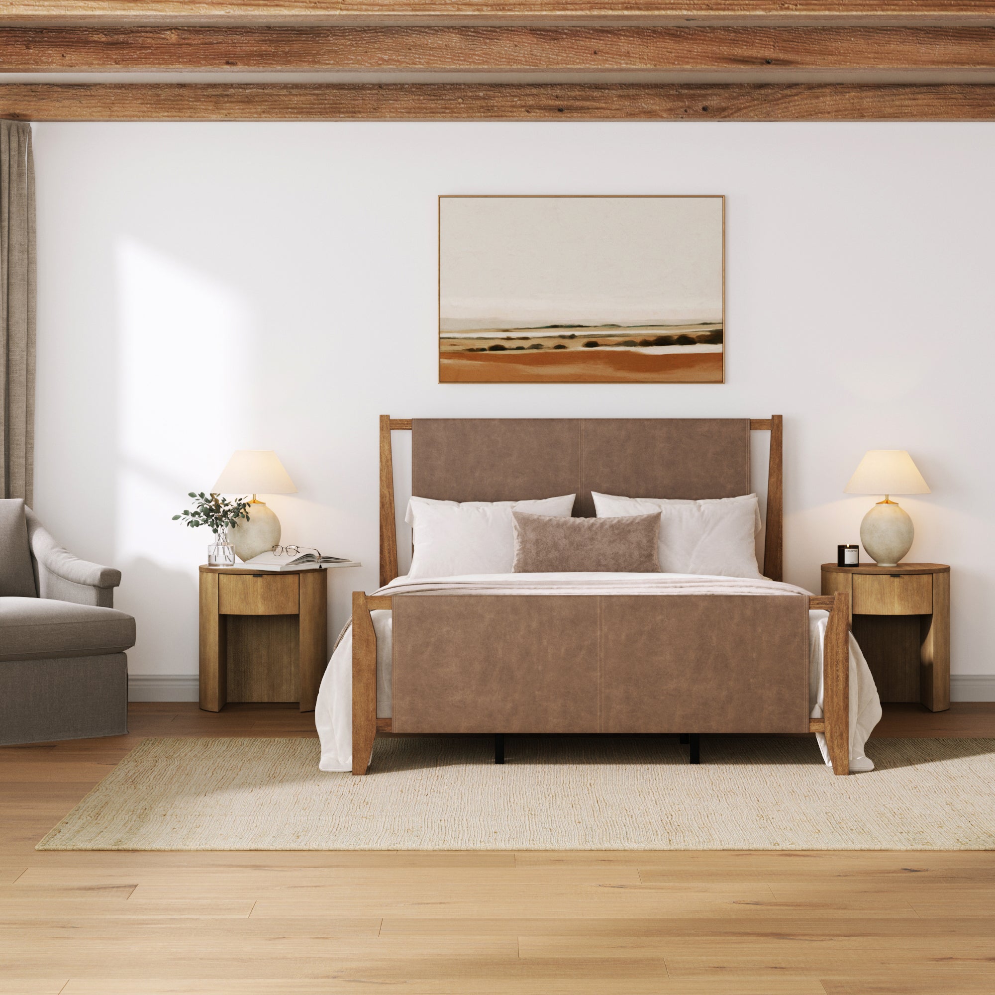 Faux Leather Queen Bed Frame with Curved Nightstands with Drawer Set Light Brown - Nathan James